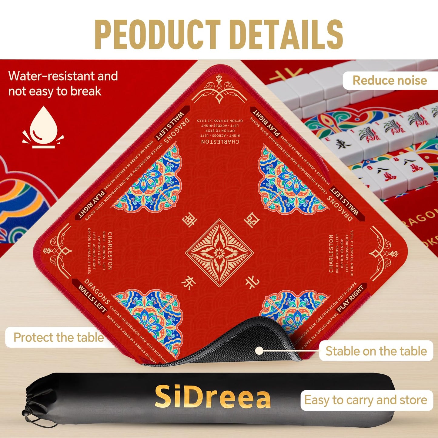 SiDreea Mahjong Mat 32.4x32.4 in – Noise-Reducing, Anti-Slip Table Mat for Mahjong & Board Games