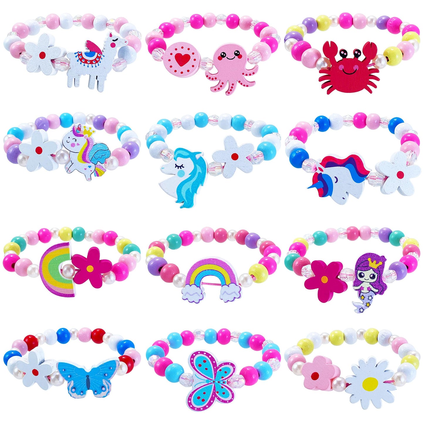 SIELEVIN 12 Pcs Unicorn Mermaid Wood Bead Bracelets for Girls – Party Favors & Gifts