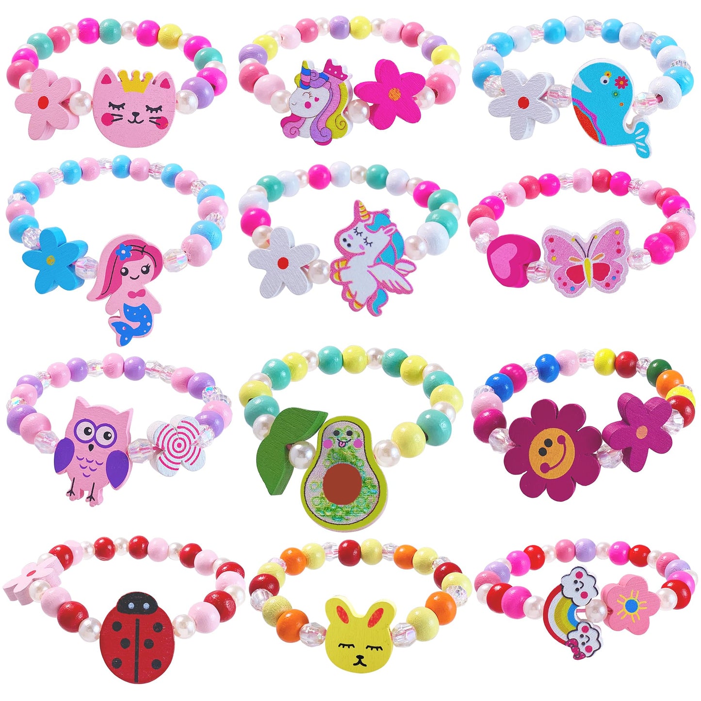 SIELEVIN 12-Piece Kids Bracelet Set – Unicorn, Mermaid & Charms Wooden Bead Jewelry
