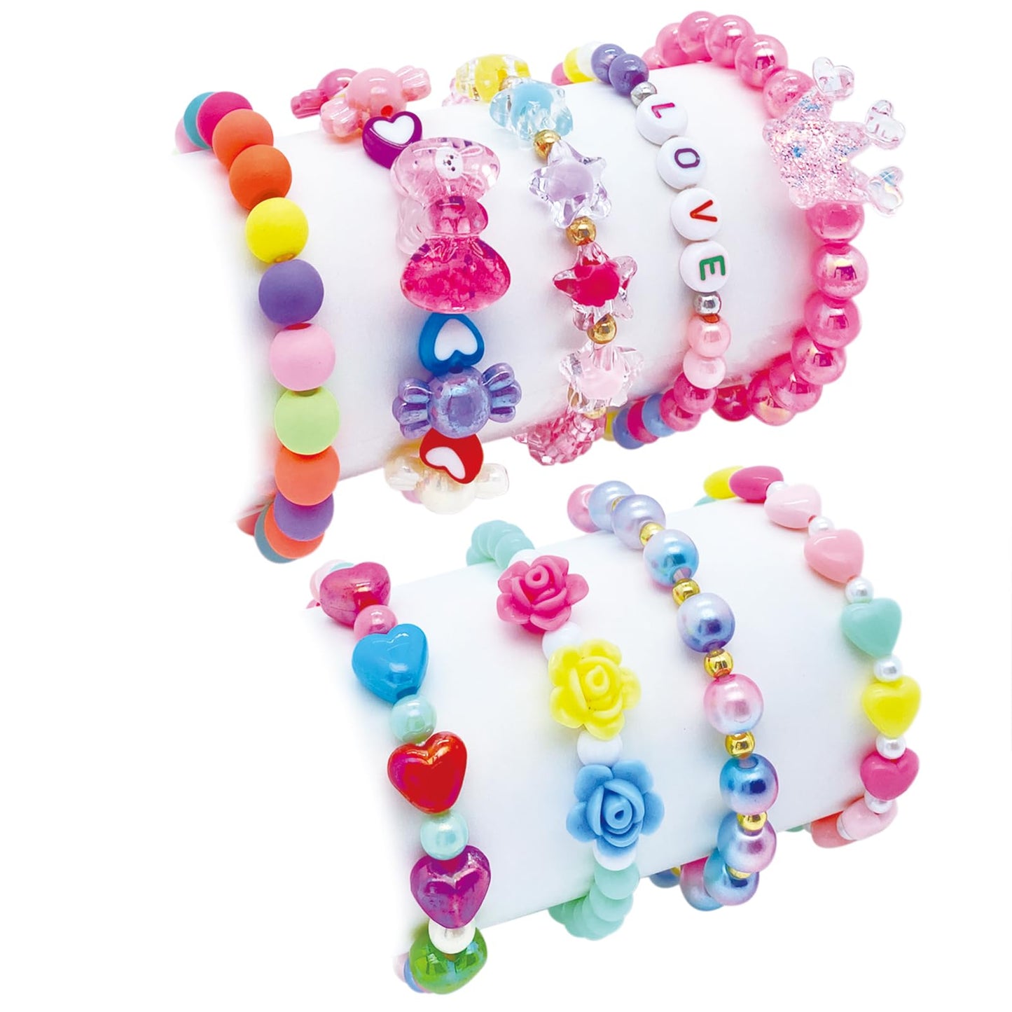 SIELEVIN 9-Piece Cute Kids Bracelets for Girls – Pink Love Beaded Jewelry Set