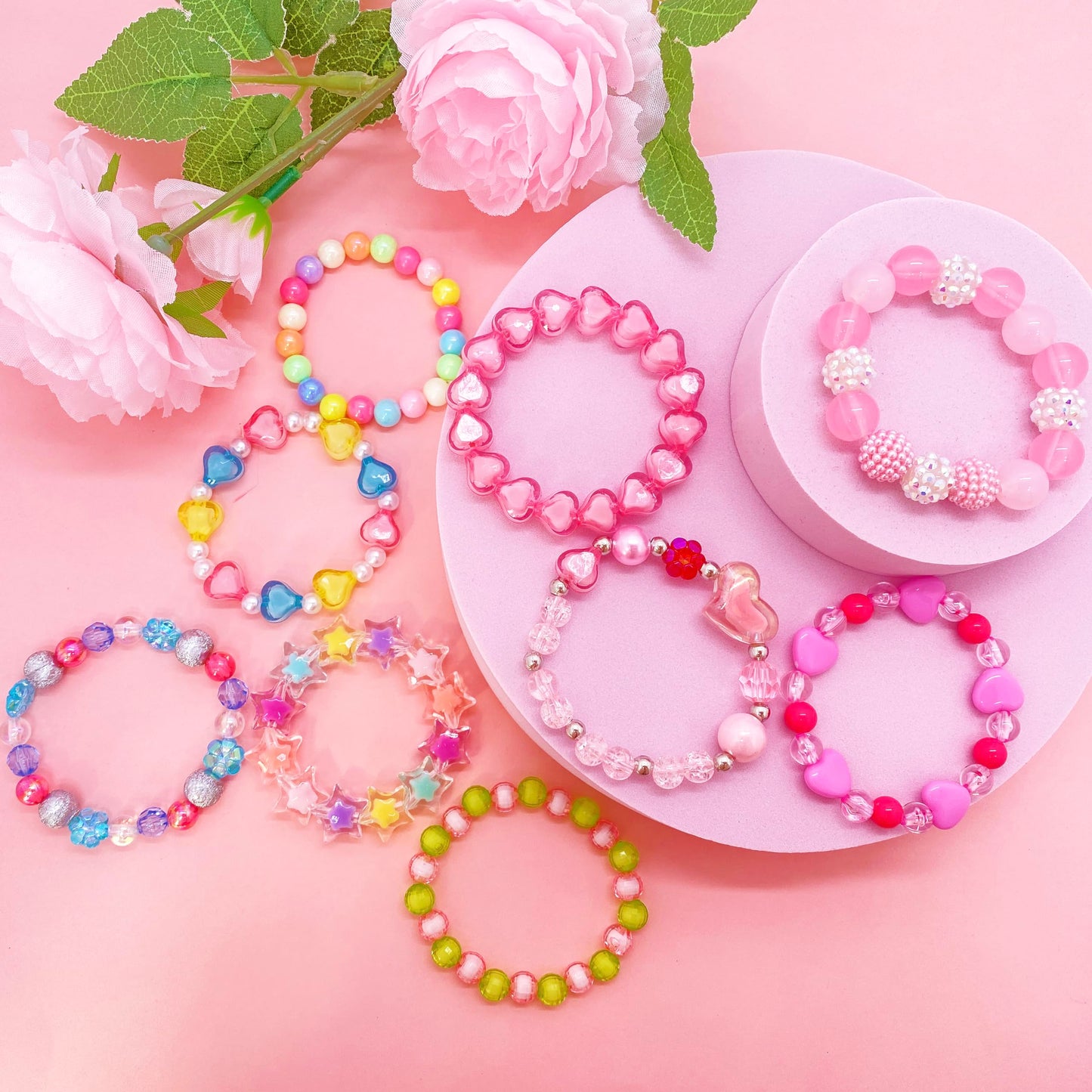 SIELEVIN 9-Piece Cute Kids Bracelets for Girls – Pink Love Beaded Jewelry Set for Parties & Gifts