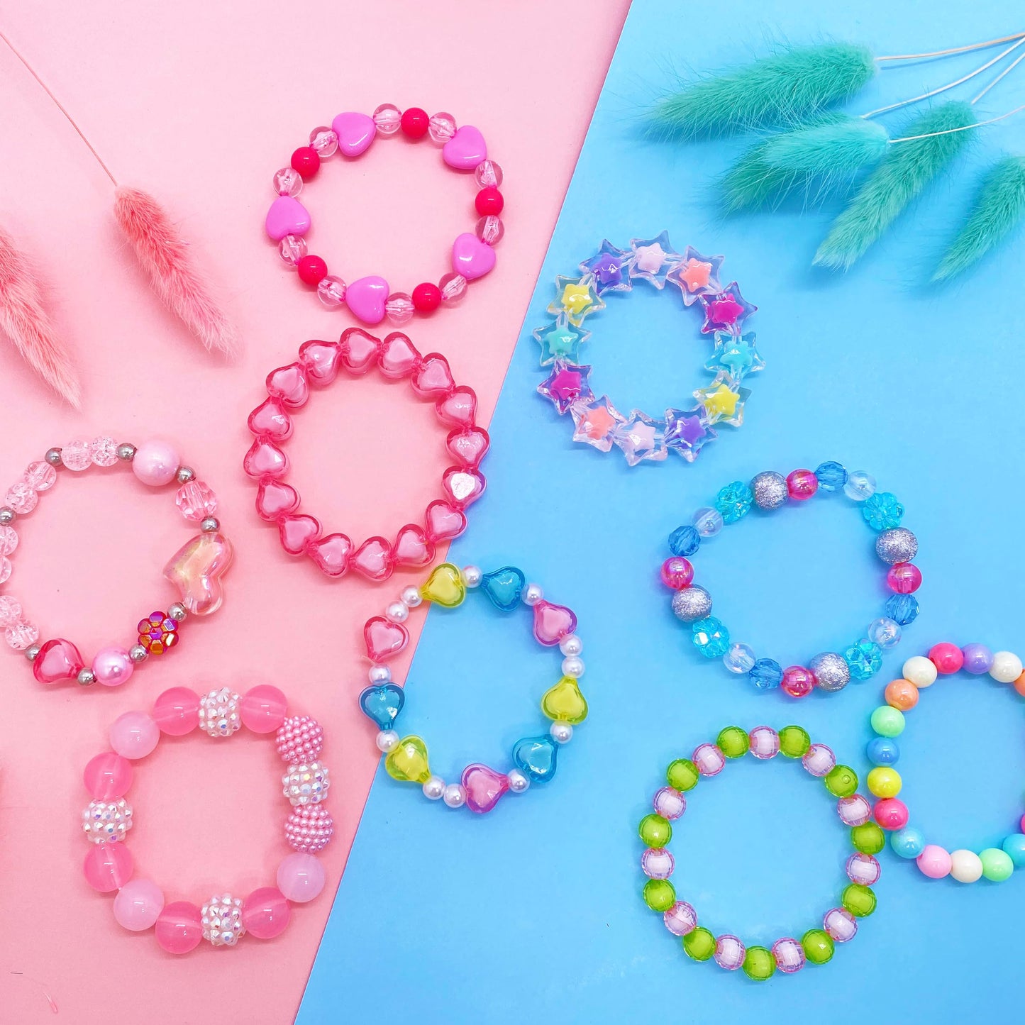 SIELEVIN 9-Piece Cute Kids Bracelets for Girls – Pink Love Beaded Jewelry Set for Parties & Gifts