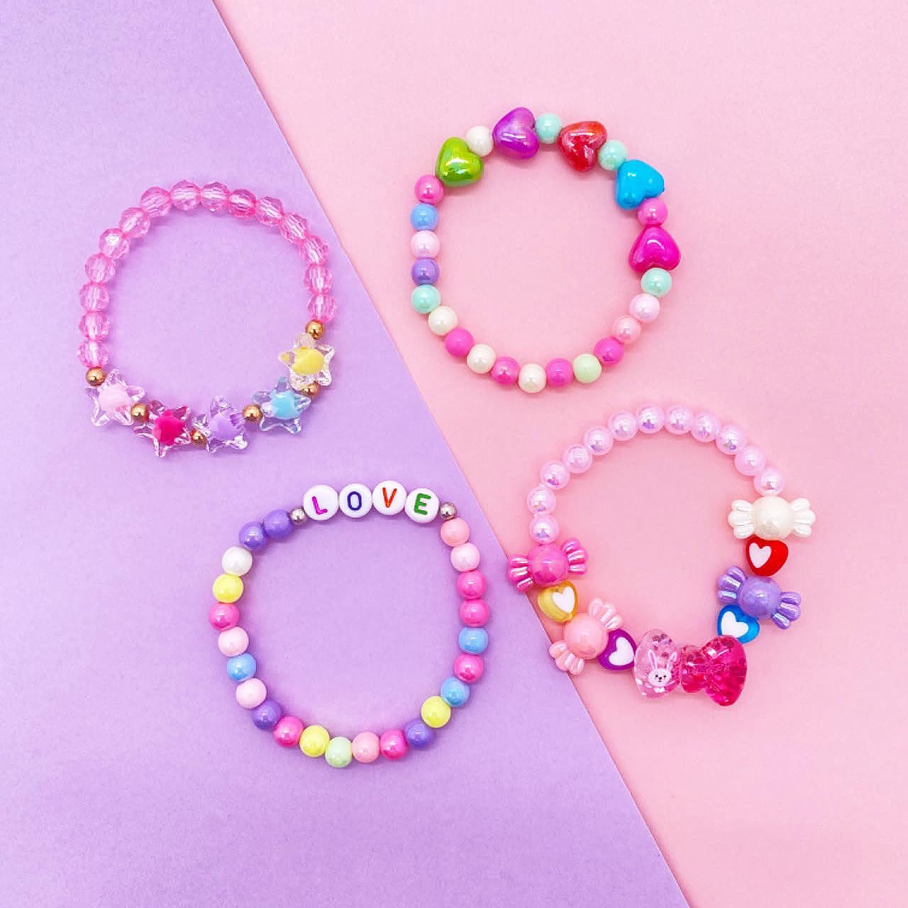 SIELEVIN 9-Piece Cute Kids Bracelets for Girls – Pink Love Beaded Jewelry Set