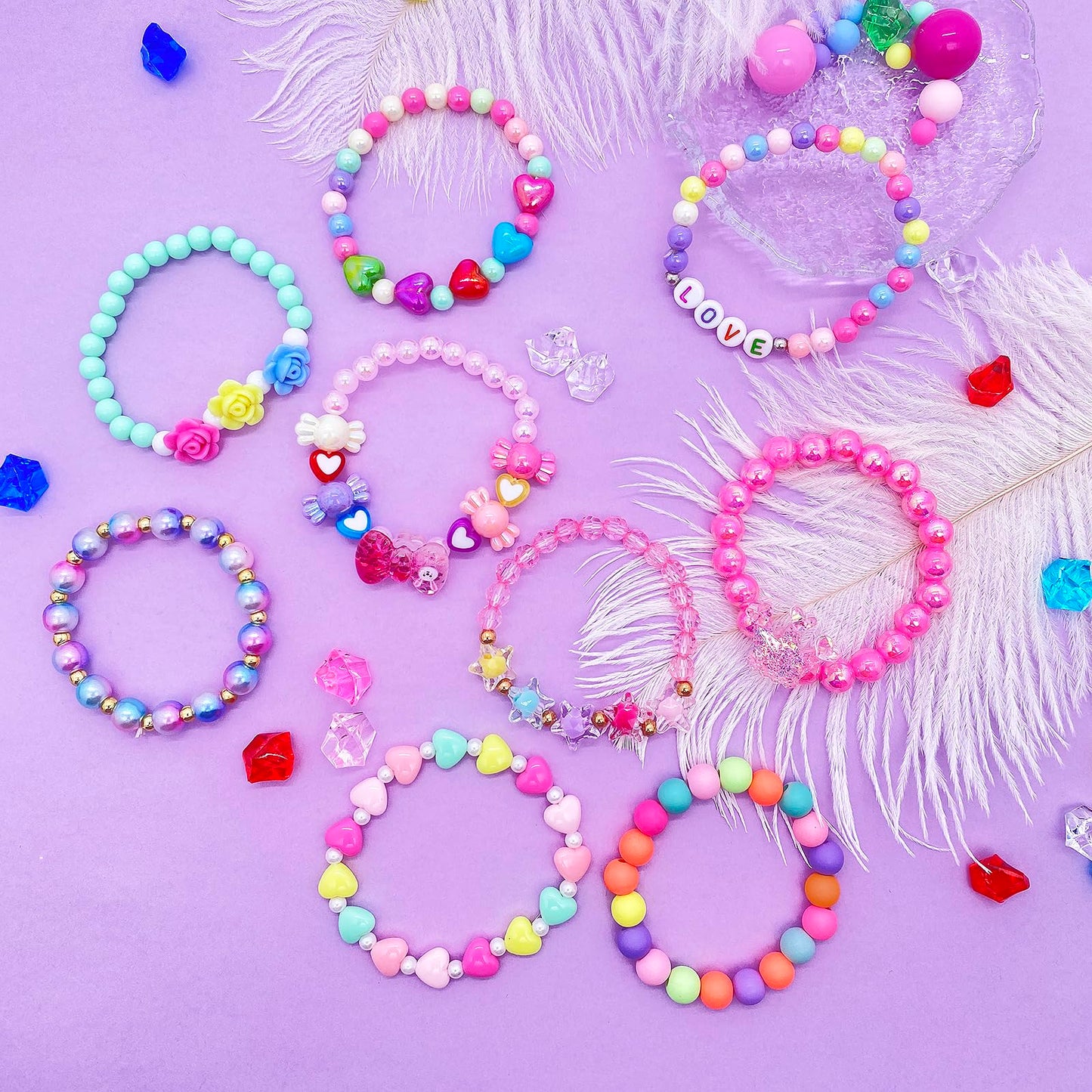 SIELEVIN 9-Piece Cute Kids Bracelets for Girls – Pink Love Beaded Jewelry Set