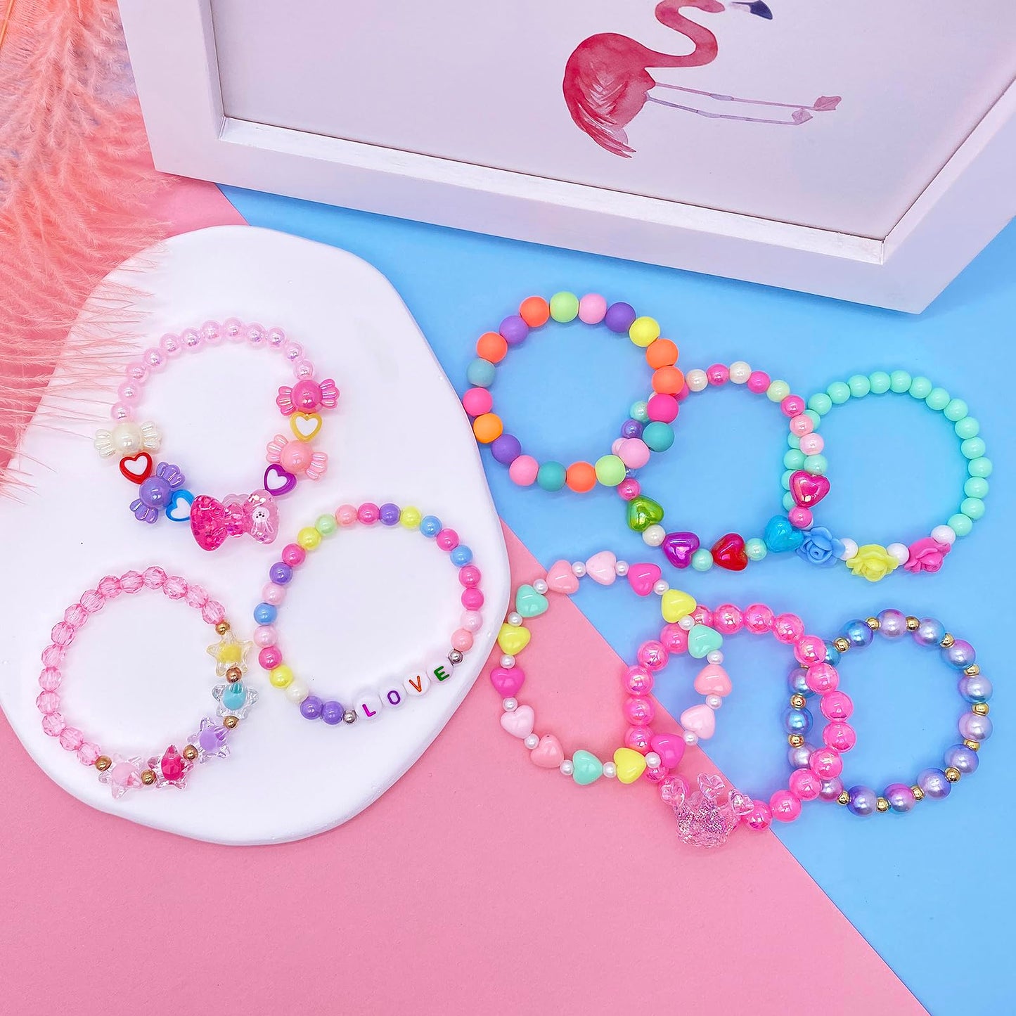 SIELEVIN 9-Piece Cute Kids Bracelets for Girls – Pink Love Beaded Jewelry Set