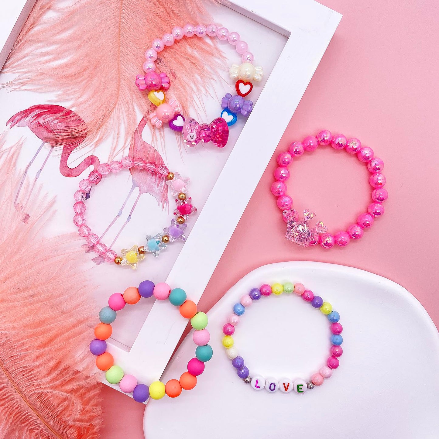 SIELEVIN 9-Piece Cute Kids Bracelets for Girls – Pink Love Beaded Jewelry Set