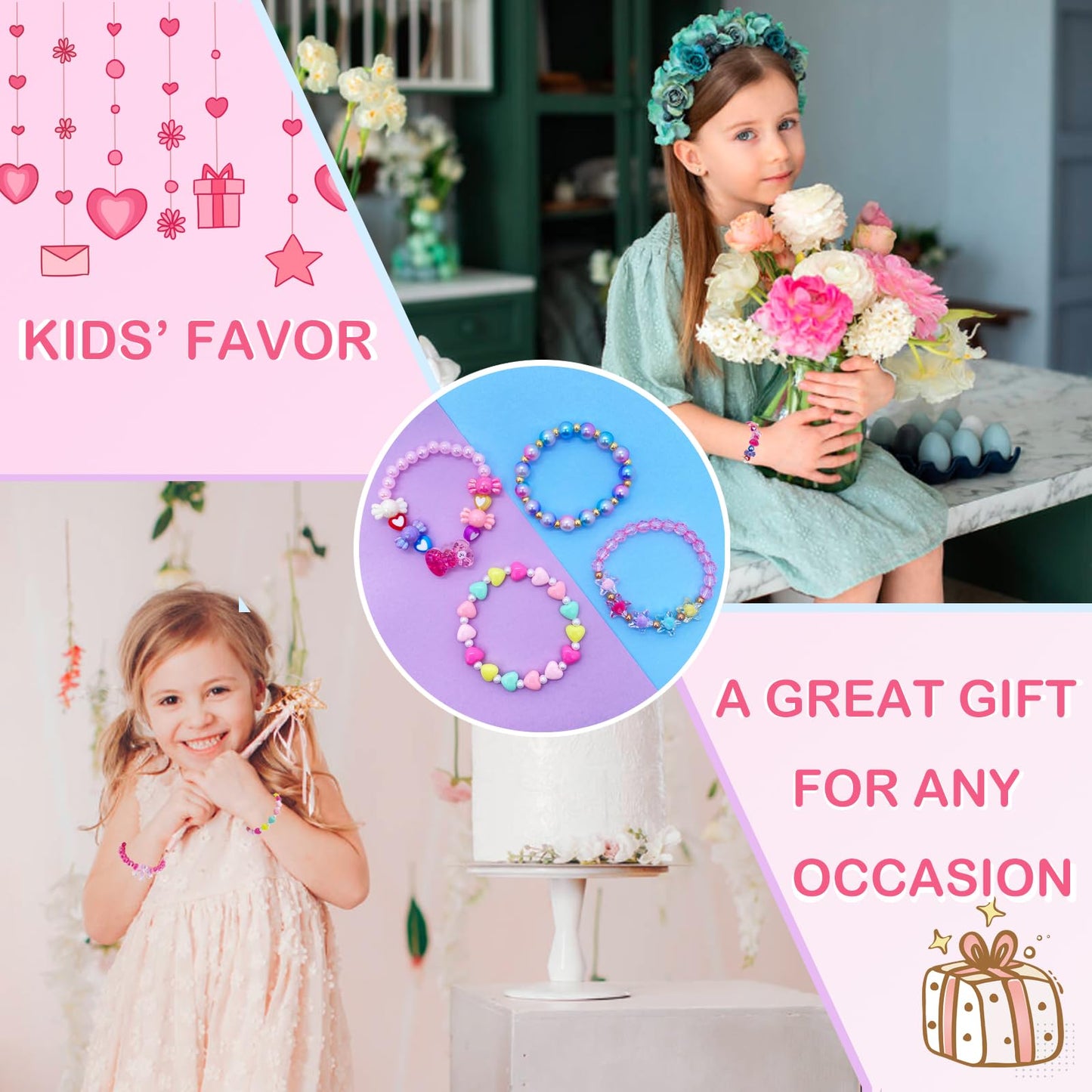 SIELEVIN 9-Piece Cute Kids Bracelets for Girls – Pink Love Beaded Jewelry Set
