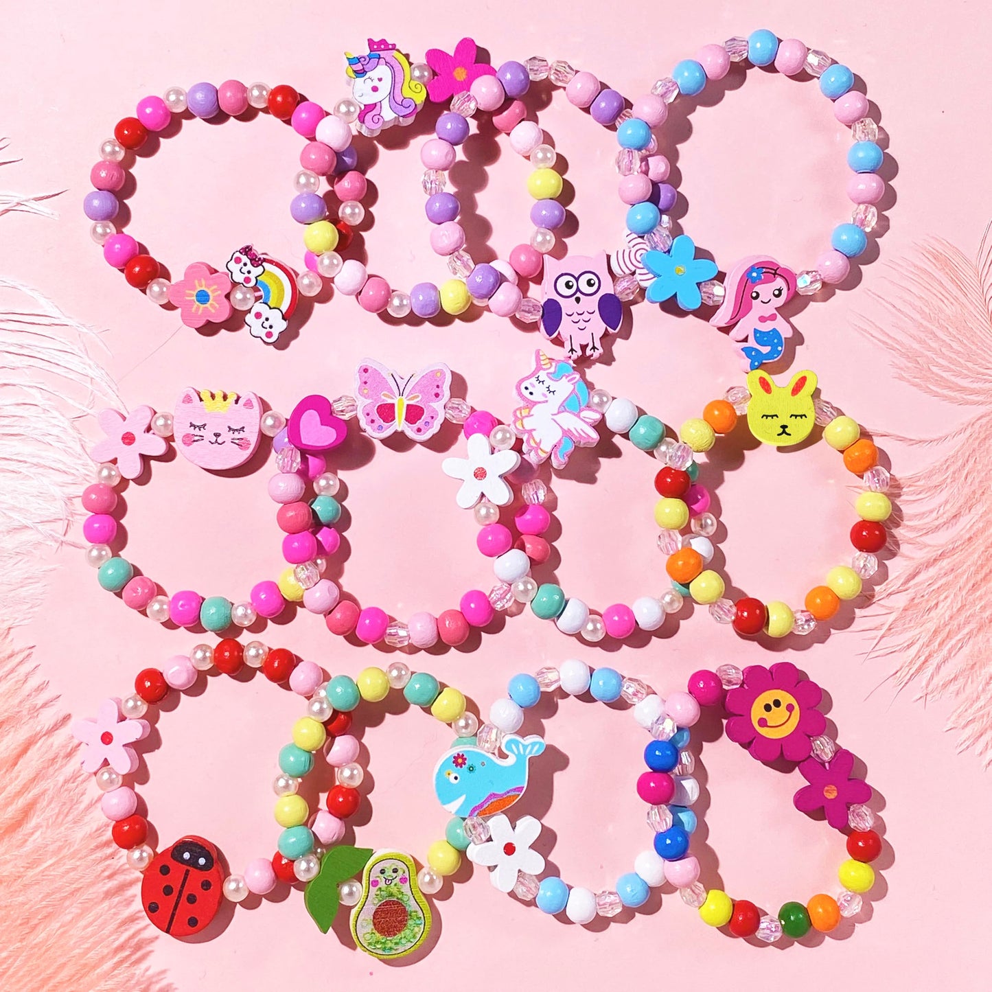 SIELEVIN 12-Piece Kids Bracelet Set – Unicorn, Mermaid & Charms Wooden Bead Jewelry