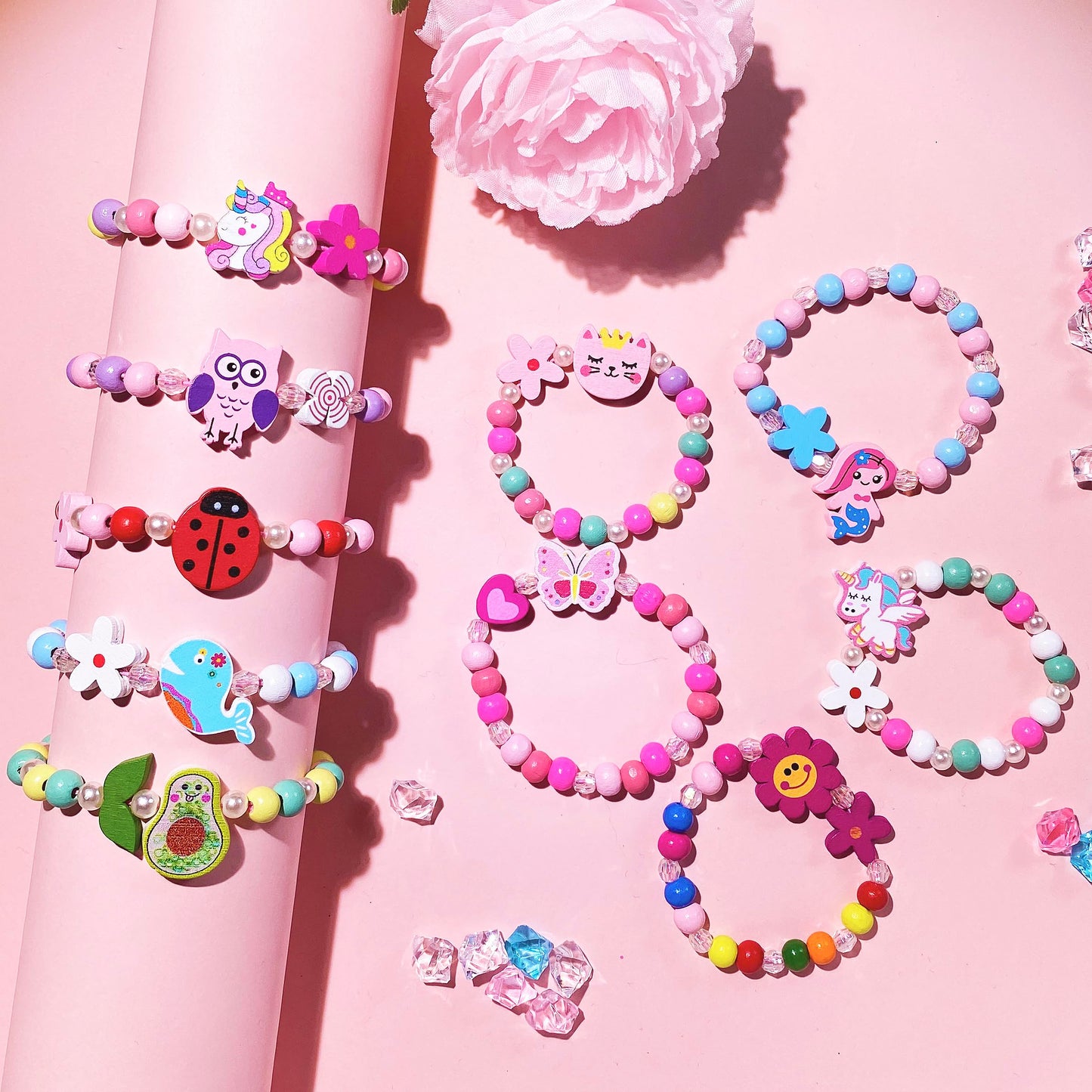 SIELEVIN 12-Piece Kids Bracelet Set – Unicorn, Mermaid & Charms Wooden Bead Jewelry