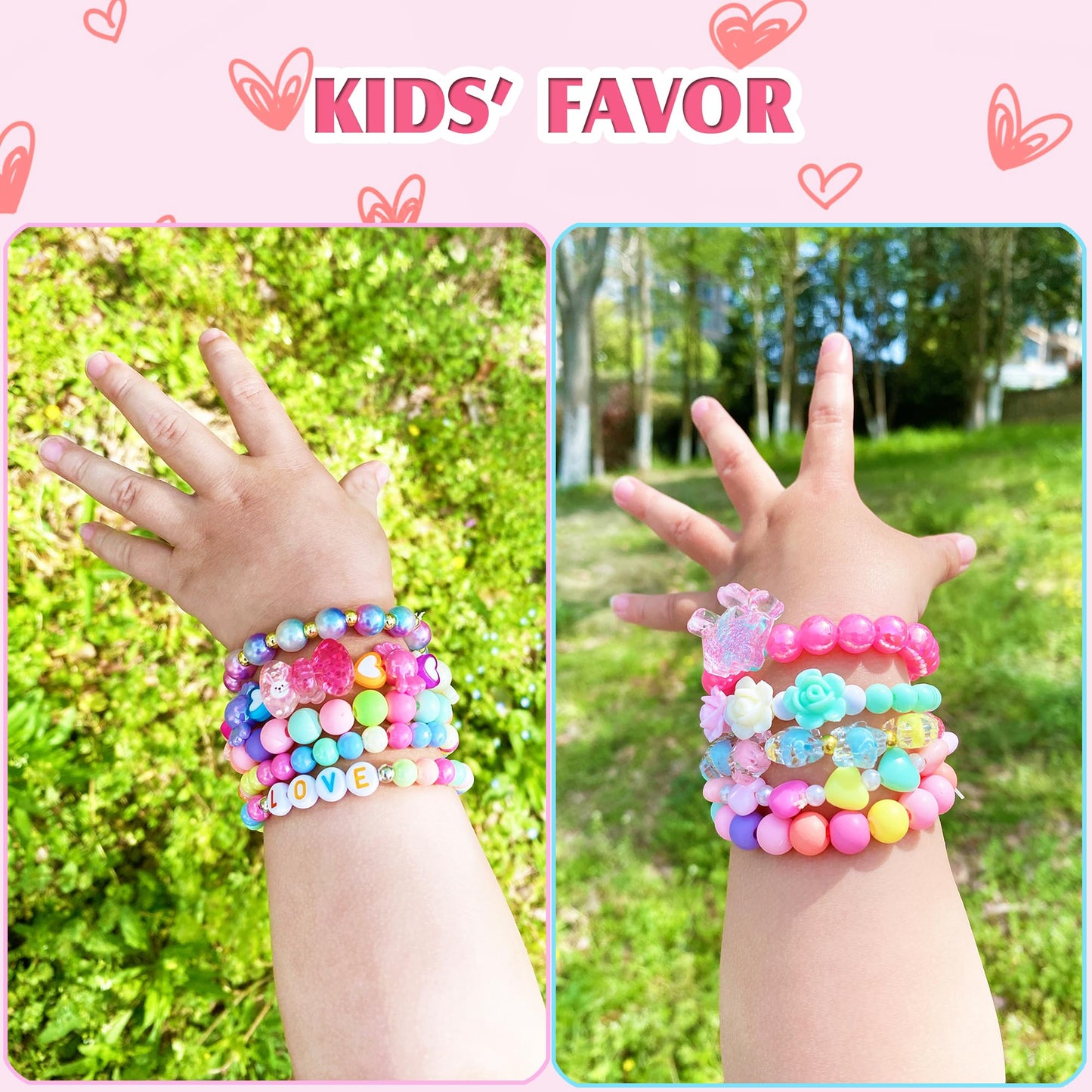 SIELEVIN 9-Piece Cute Kids Bracelets for Girls – Pink Love Beaded Jewelry Set