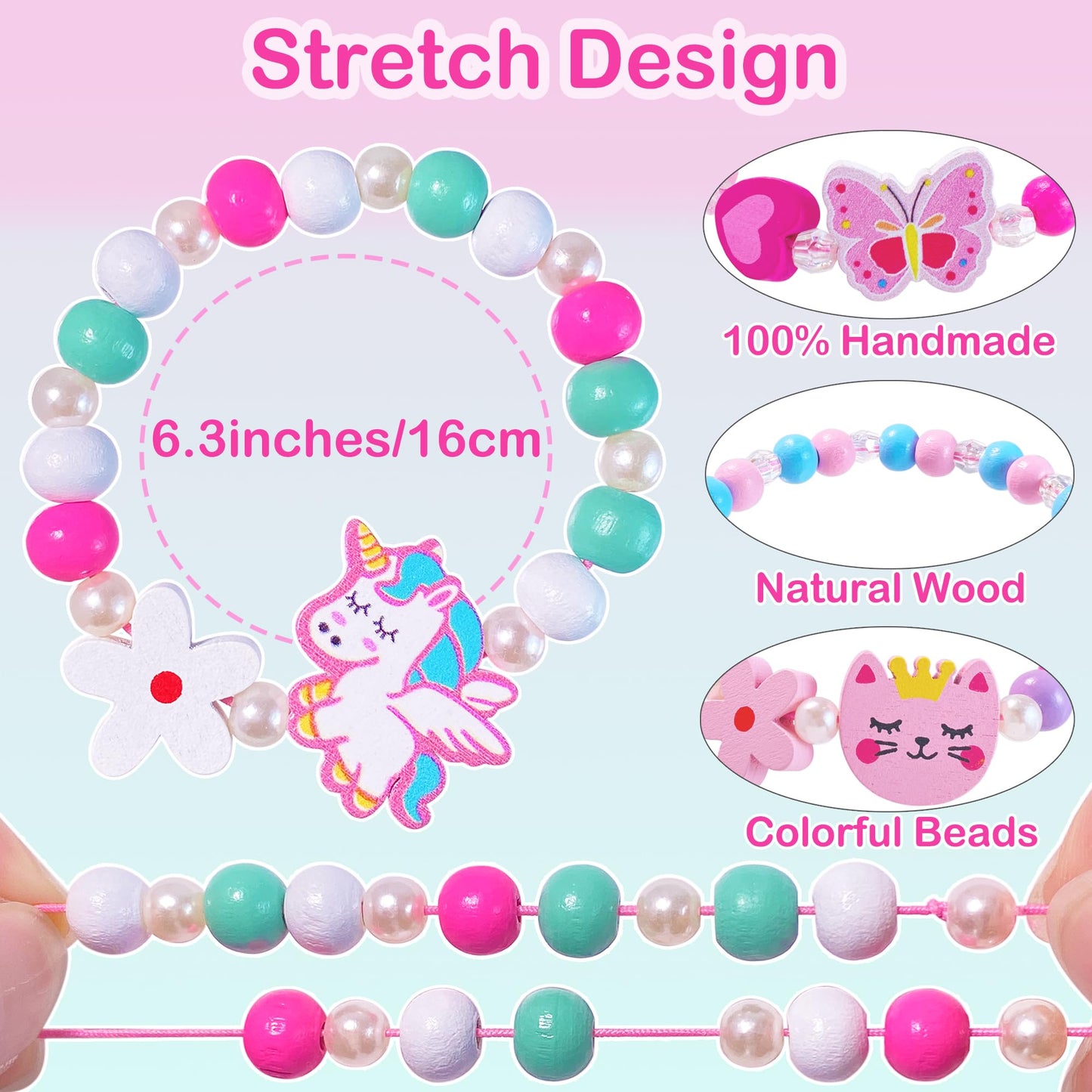 SIELEVIN 12-Piece Kids Bracelet Set – Unicorn, Mermaid & Charms Wooden Bead Jewelry