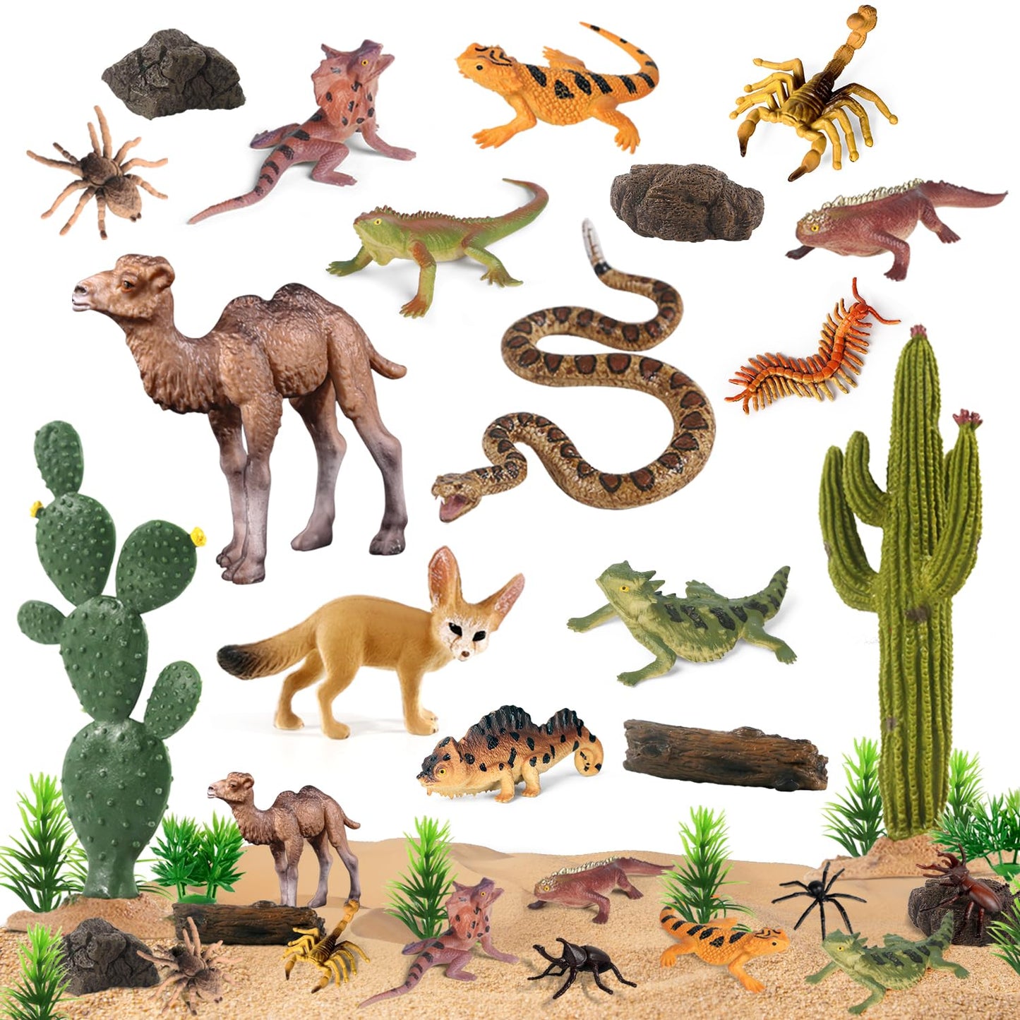 SIENON 32Pcs Desert Animal Figures Playset – Diorama Kit with Cactus, Camel, Fennec Fox & More