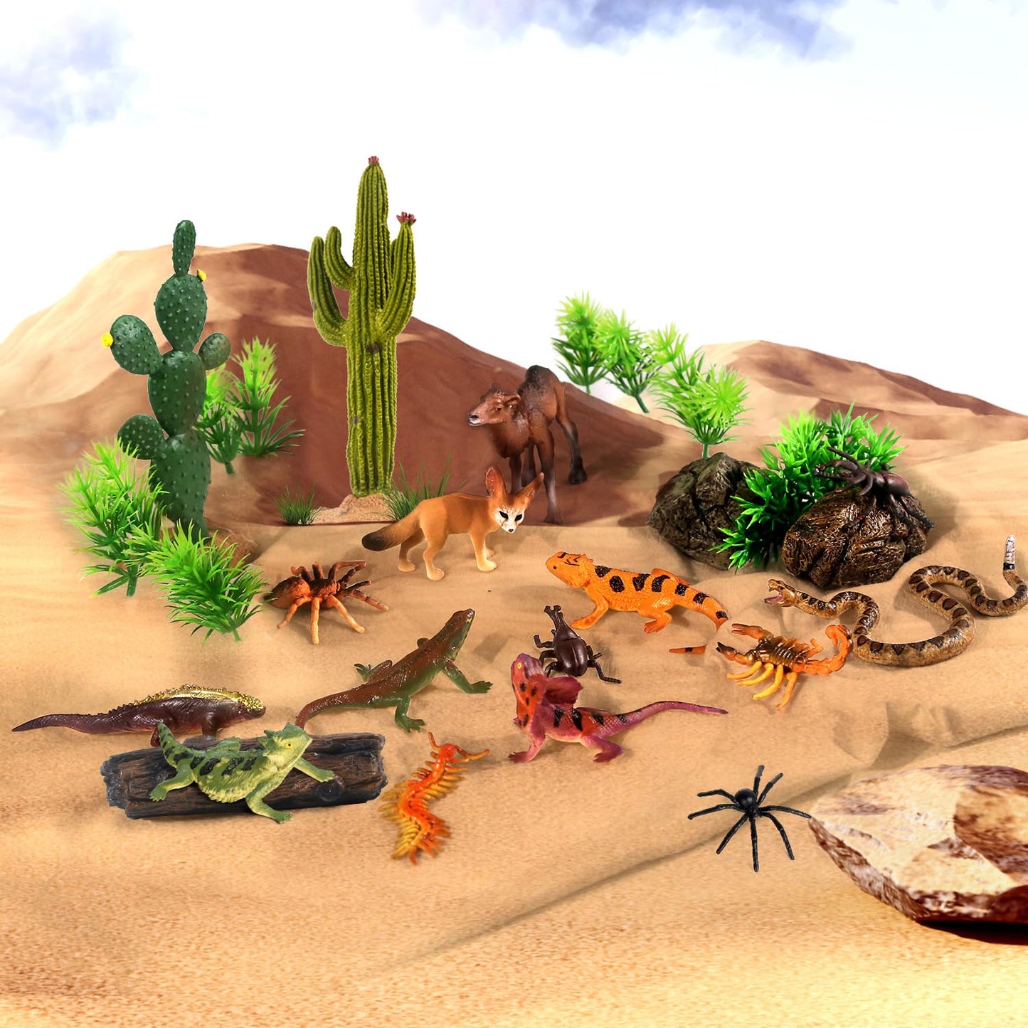 SIENON 32Pcs Desert Animal Figures Playset – Diorama Kit with Cactus, Camel, Fennec Fox & More
