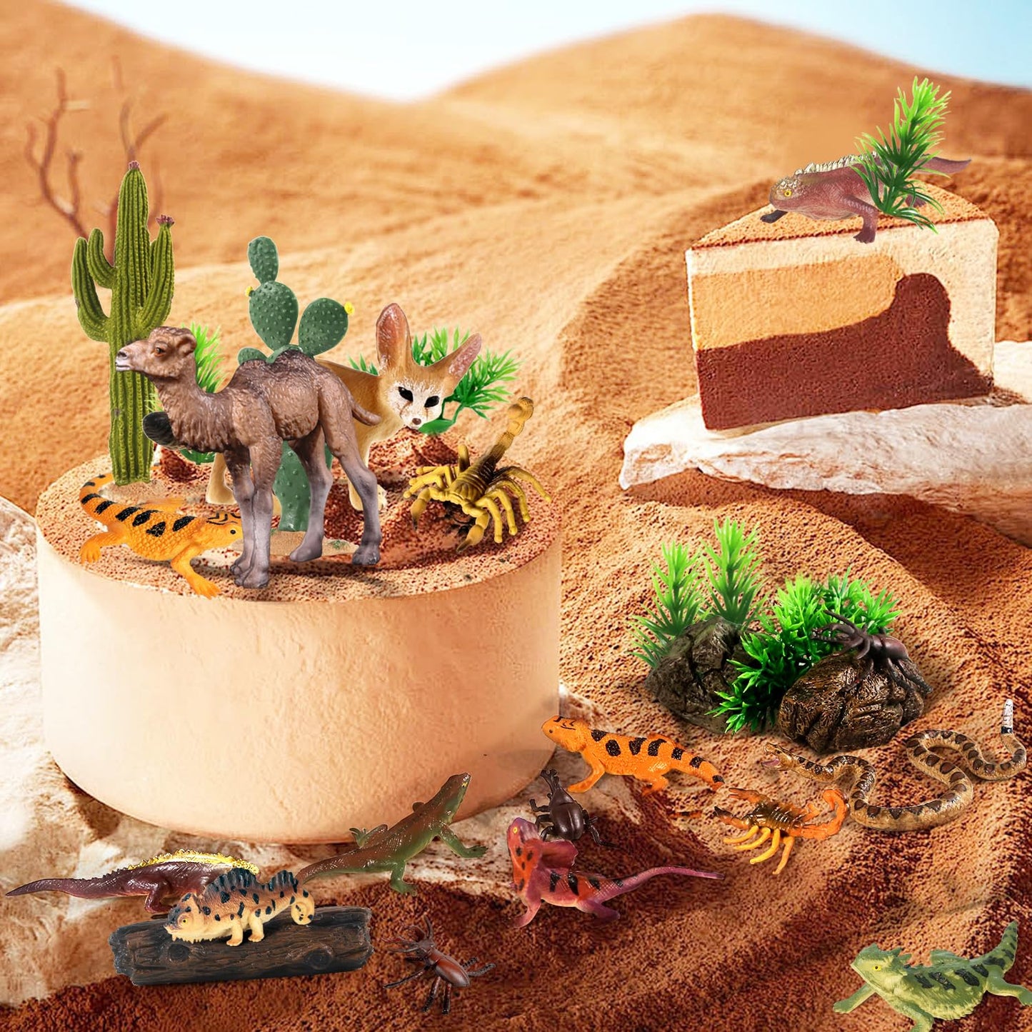 SIENON 32Pcs Desert Animal Figures Playset – Diorama Kit with Cactus, Camel, Fennec Fox & More