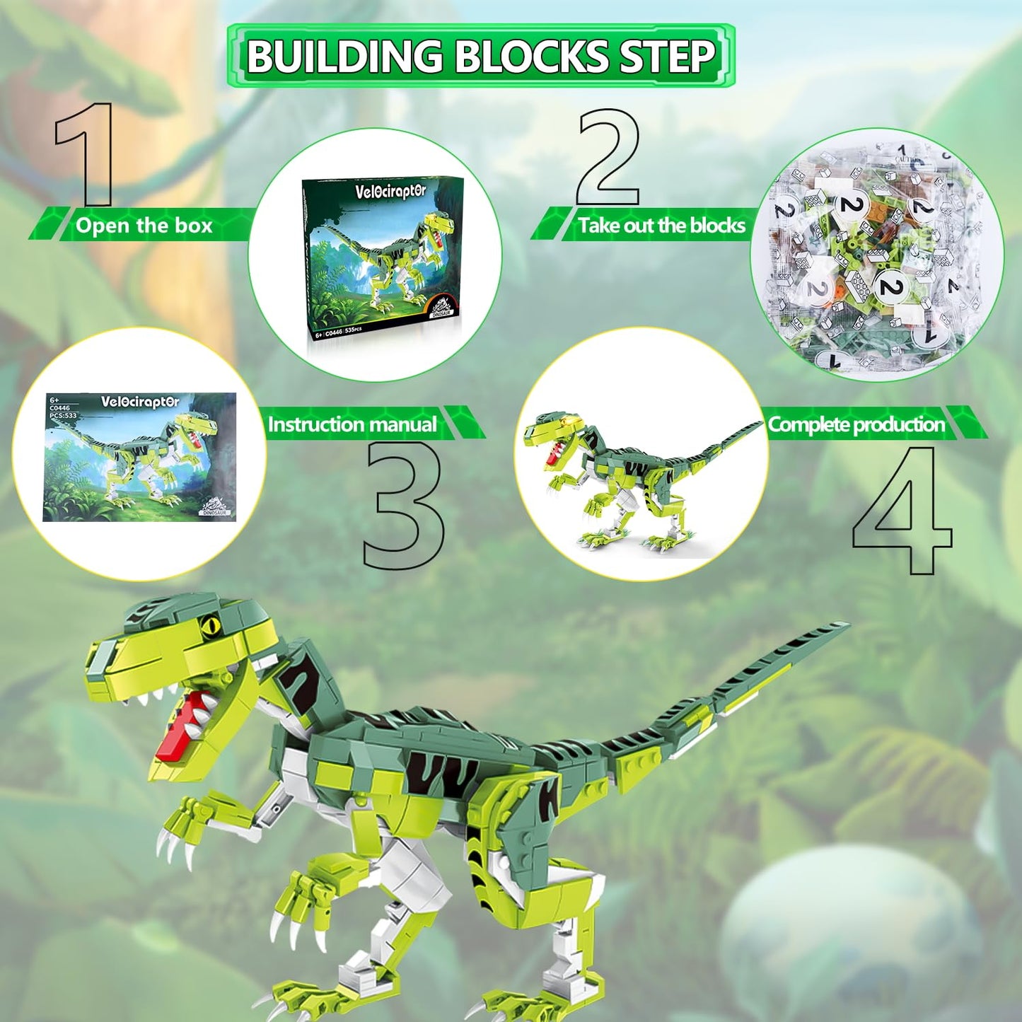 SIENON Velociraptor Dinosaur Building Toy – 533 Pcs, 16.3in Model