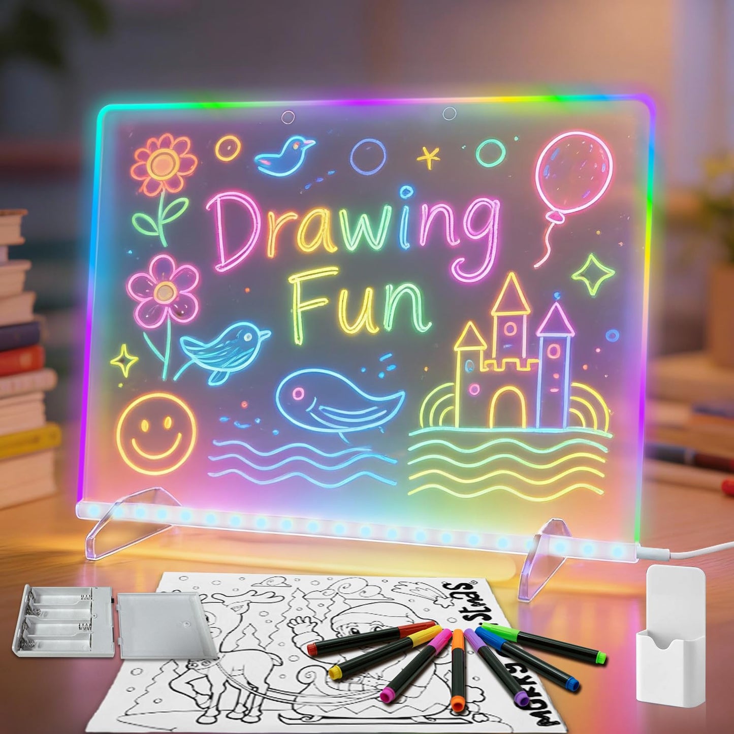 Signsxcel LED Drawing Board with Battery Box – 13.7 x 10 in, 8 Colors, 6 Modes, 7 Markers