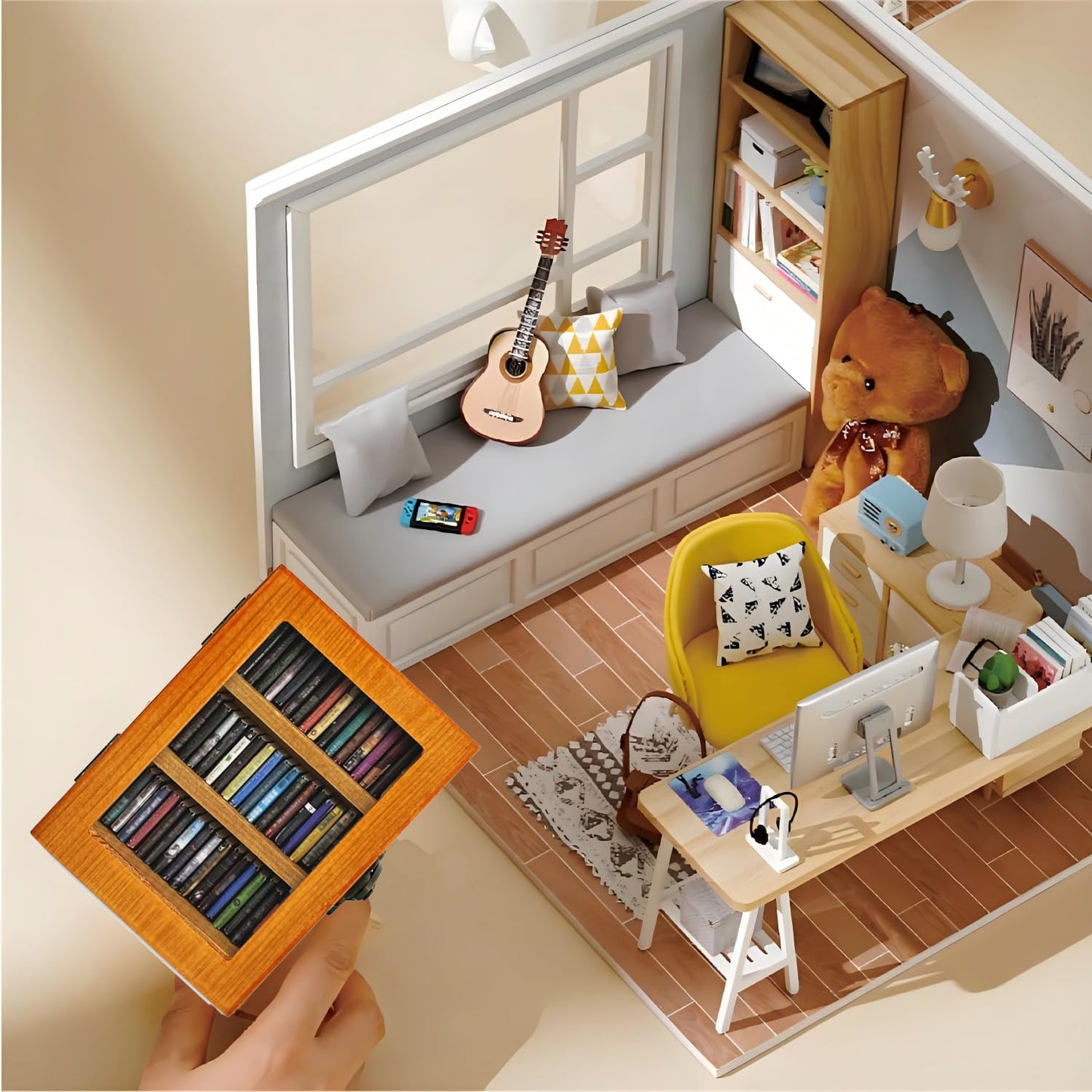 SIHPTO Stress Relief Mini Bookshelf Ornament – 60 Mini Books, Cozy Desk Decor