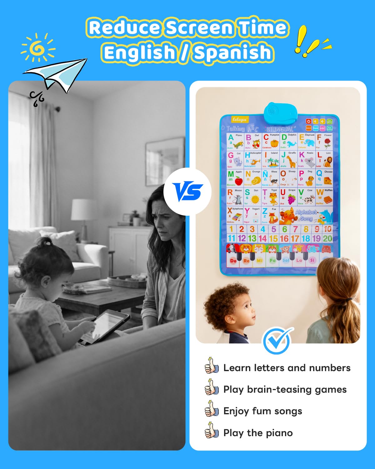 SIICCAR Spanish Alphabet Wall Chart for Toddlers – Bilingual ABC 123 Poster