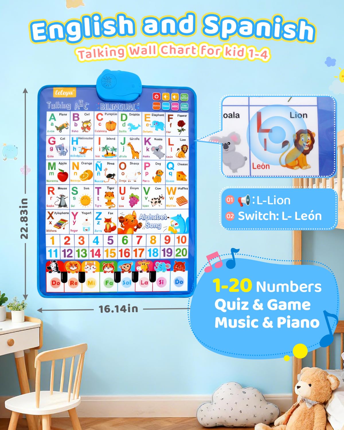 SIICCAR Spanish Alphabet Wall Chart for Toddlers – Bilingual ABC 123 Poster