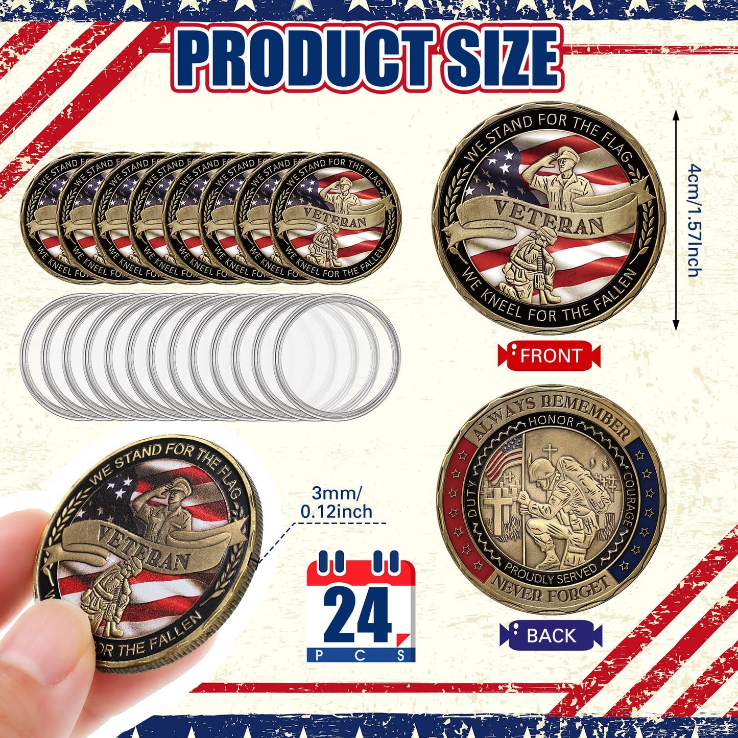 Siifert 24 Pcs Military Veteran Challenge Coin – Armor of God, American Flag, Gold Plated