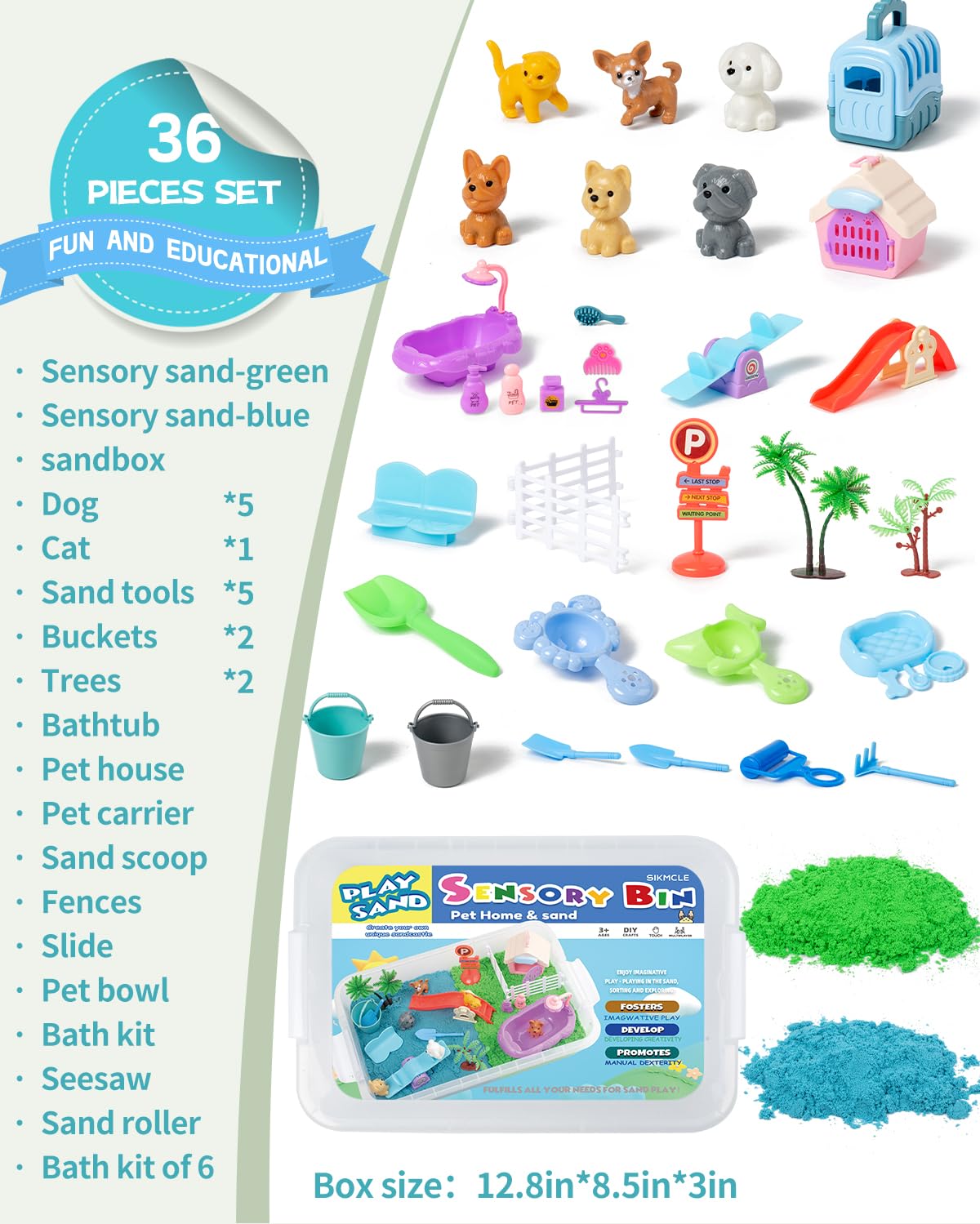 Sikmcle 36 PCS Pet Sensory Bin with Moldable Sand — Sandbox Play Set with Lid for Kids Aged 3–7