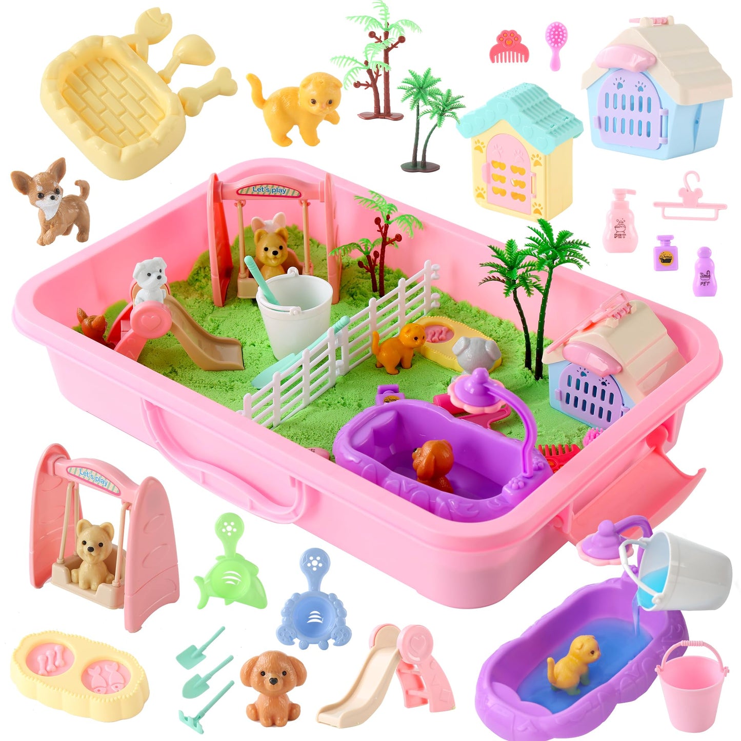 Sikmcle 36 PCS Pet Sensory Bin Kit – Moldable Sand, Sandbox with Lid, Dog & Cat Toys