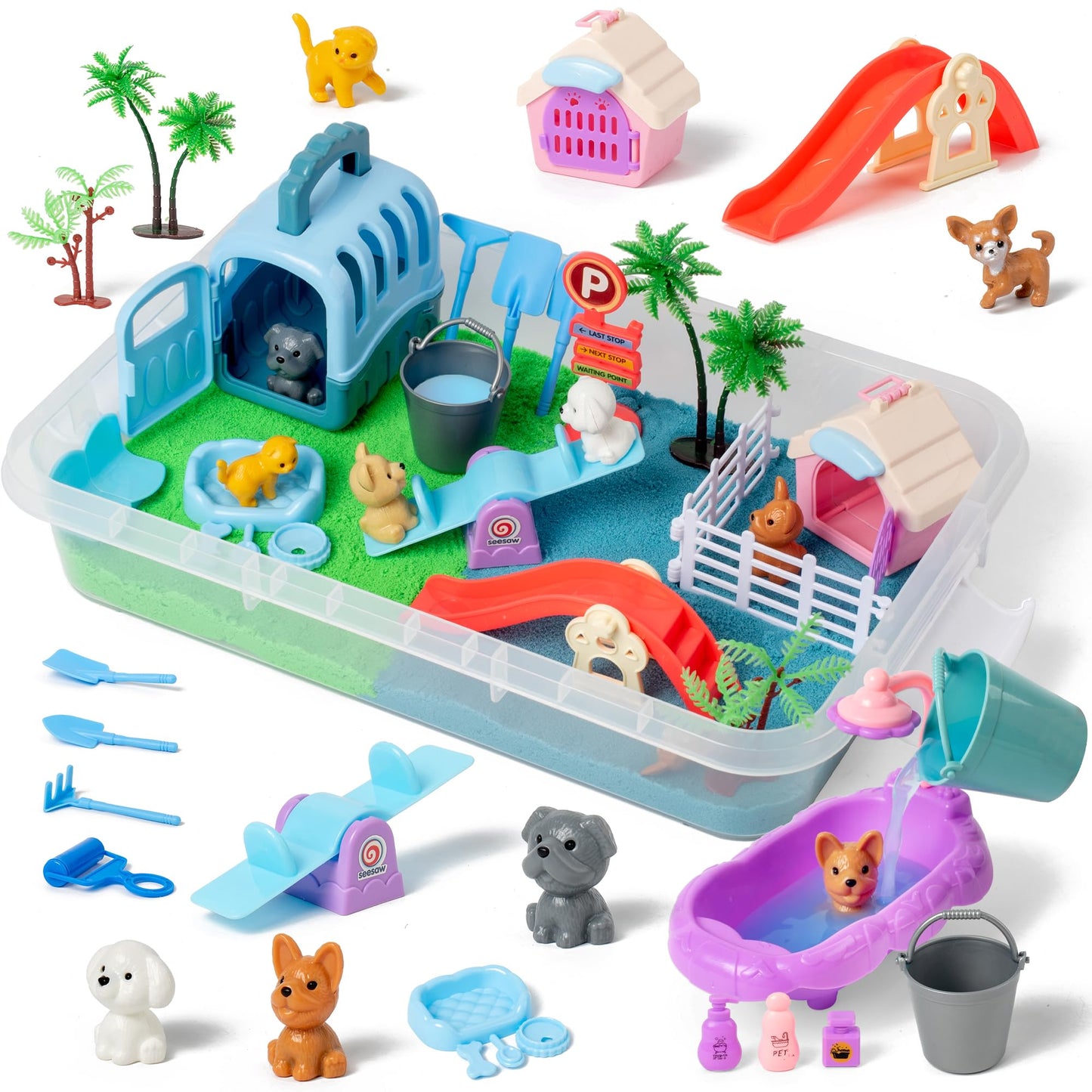 Sikmcle 36 PCS Pet Sensory Bin with Moldable Sand — Sandbox Play Set with Lid for Kids Aged 3–7