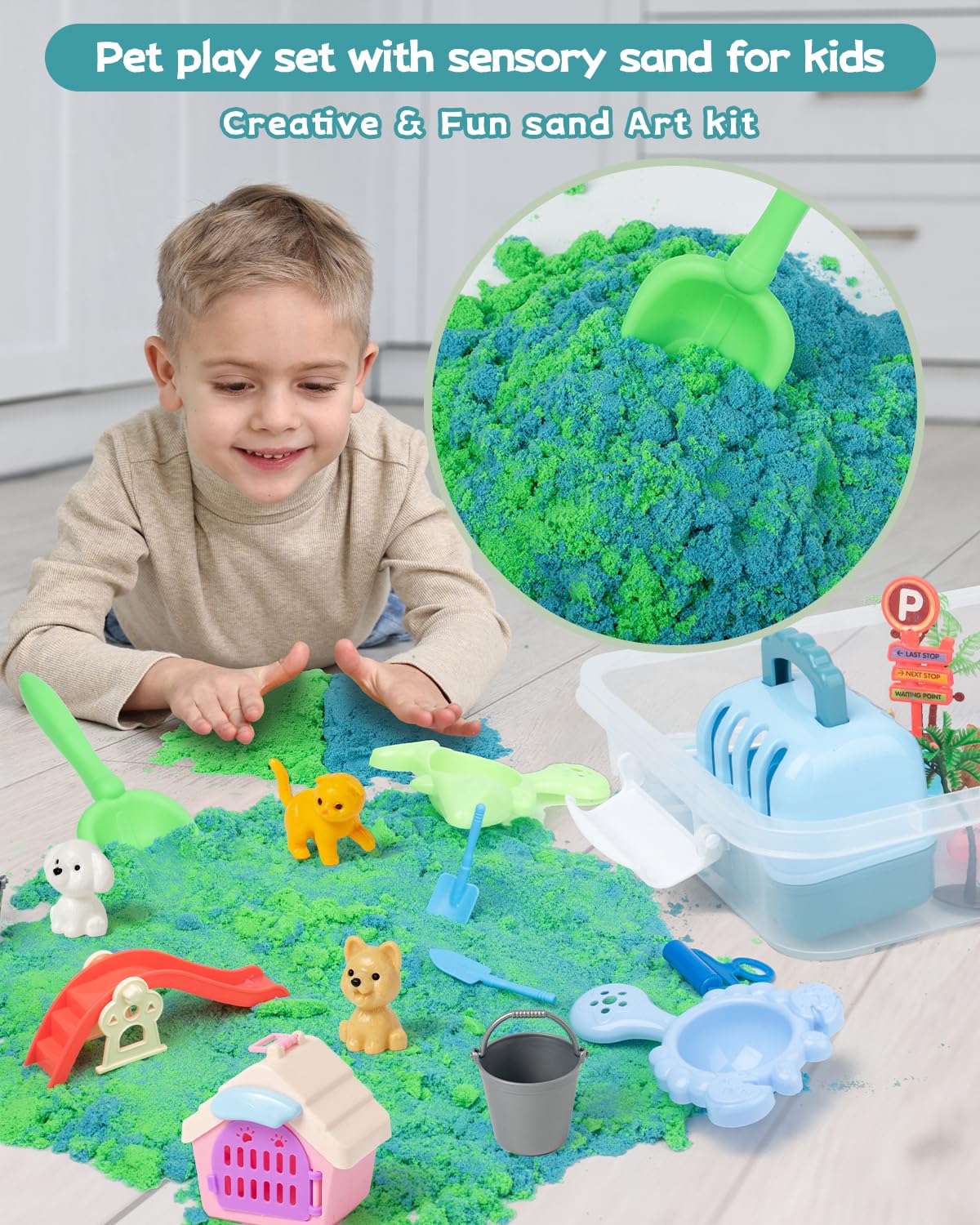 Sikmcle 36 PCS Pet Sensory Bin with Moldable Sand — Sandbox Play Set with Lid for Kids Aged 3–7