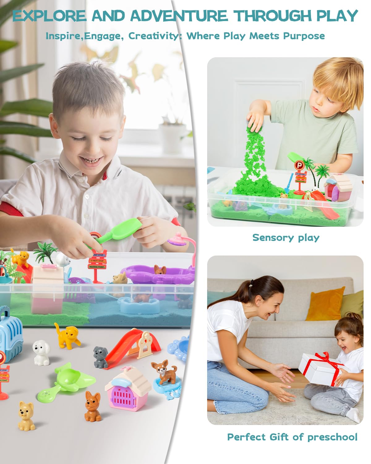 Sikmcle 36 PCS Pet Sensory Bin with Moldable Sand — Sandbox Play Set with Lid for Kids Aged 3–7