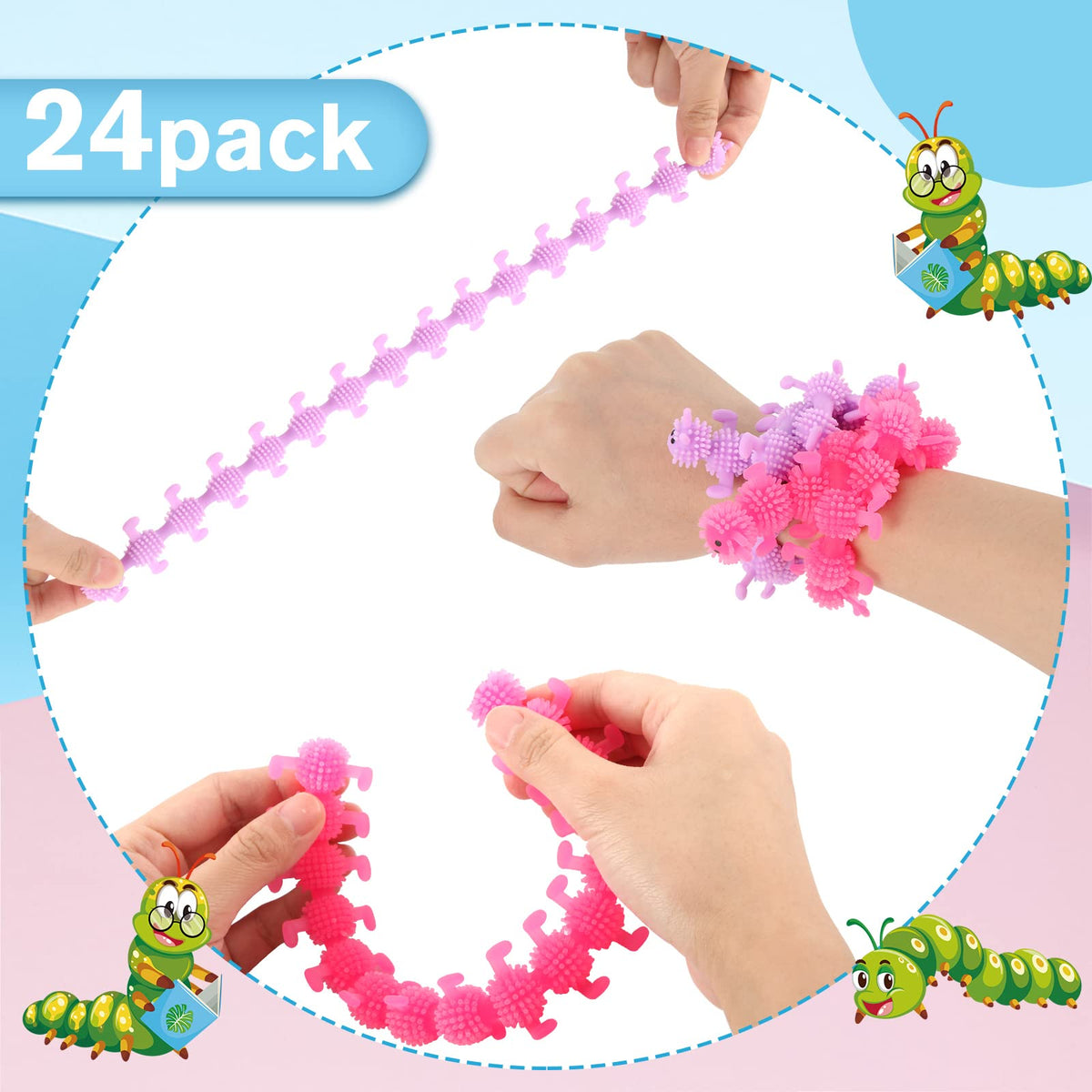 Silipull 24 Pcs Caterpillar Stretchy Strings — Colorful Fidget Worms for Focus
