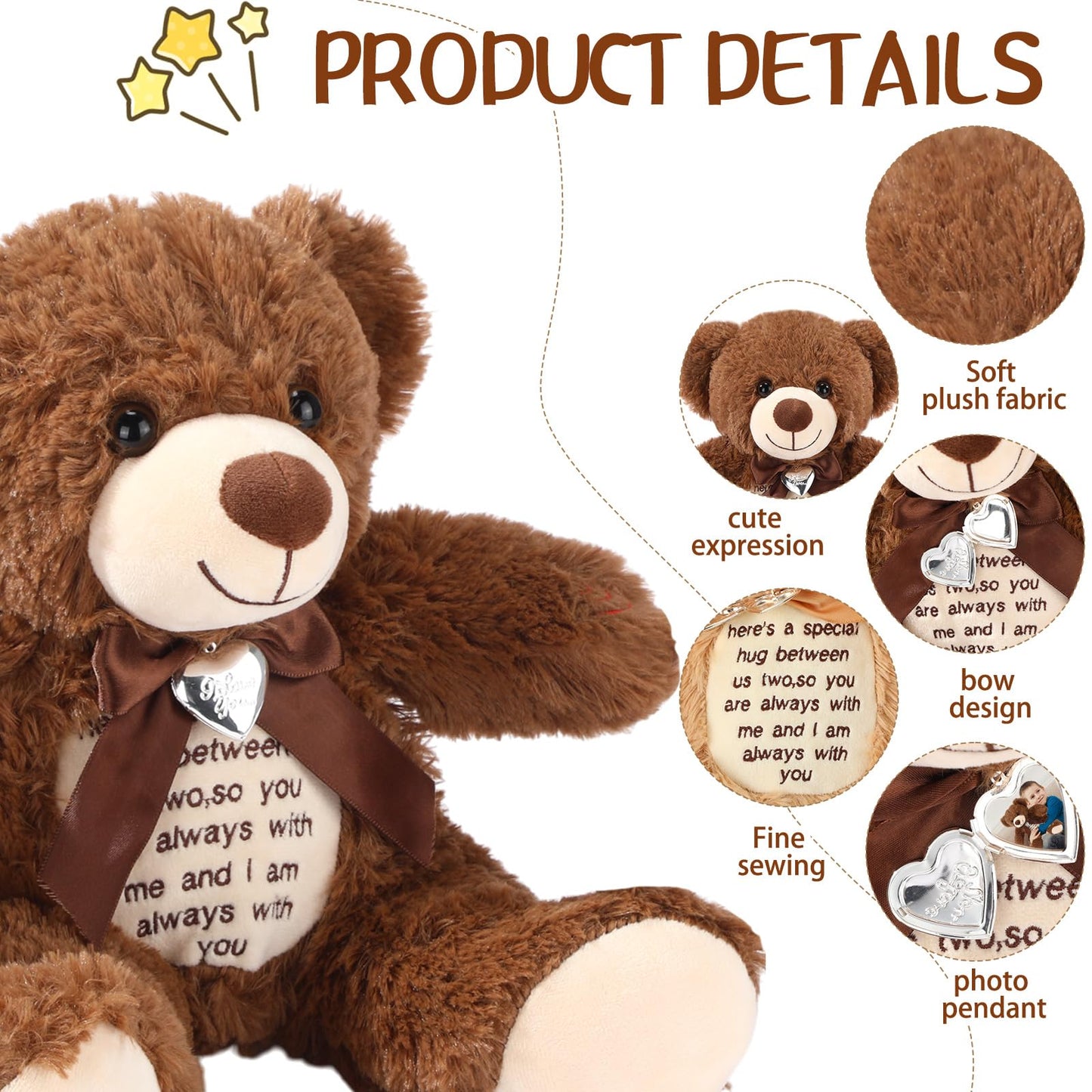 Silipull 12-Inch Bear with Voice Recorder – Photo Pendant Memorial Plush Gift (Dark Brown)