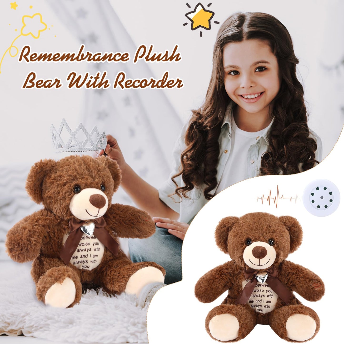 Silipull 12-Inch Bear with Voice Recorder – Photo Pendant Memorial Plush Gift (Dark Brown)
