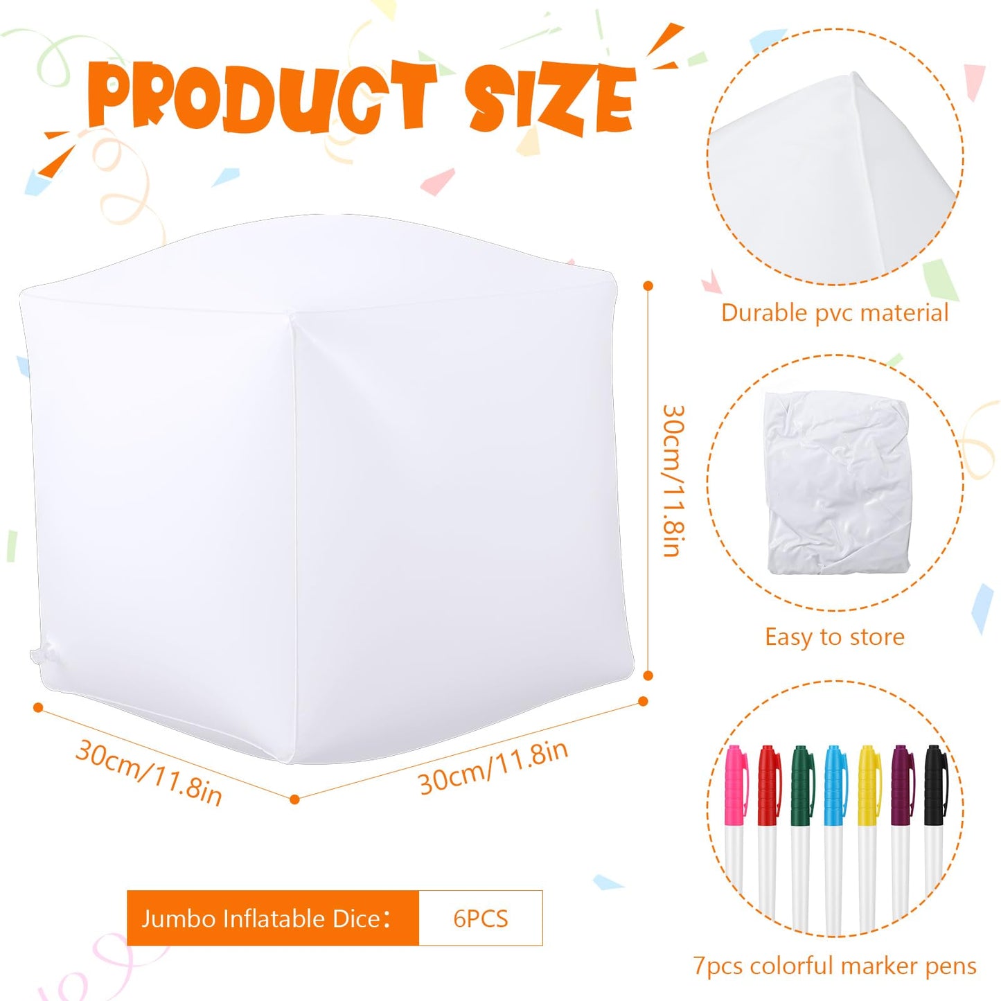 Silipull Jumbo Inflatable Dice Set — 6 Large 11.8-Inch Dice + 7 Marker Pens