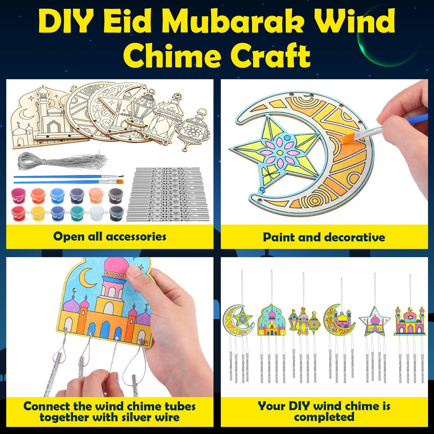 Silipull 24 Sets Ramadan Wind Chimes – DIY Wooden Eid Mubarak Chimes for Home & Classroom