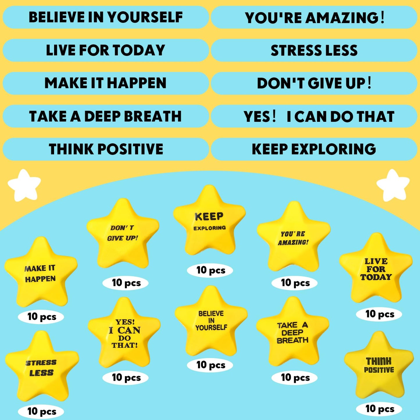 Silipull 100 Pcs Motivational Star Stress Balls – Yellow Bulk Fidget Toys for Adults & Teens