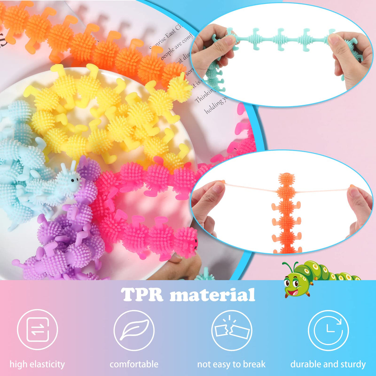 Silipull 24 Pcs Caterpillar Stretchy Strings — Colorful Fidget Worms for Focus