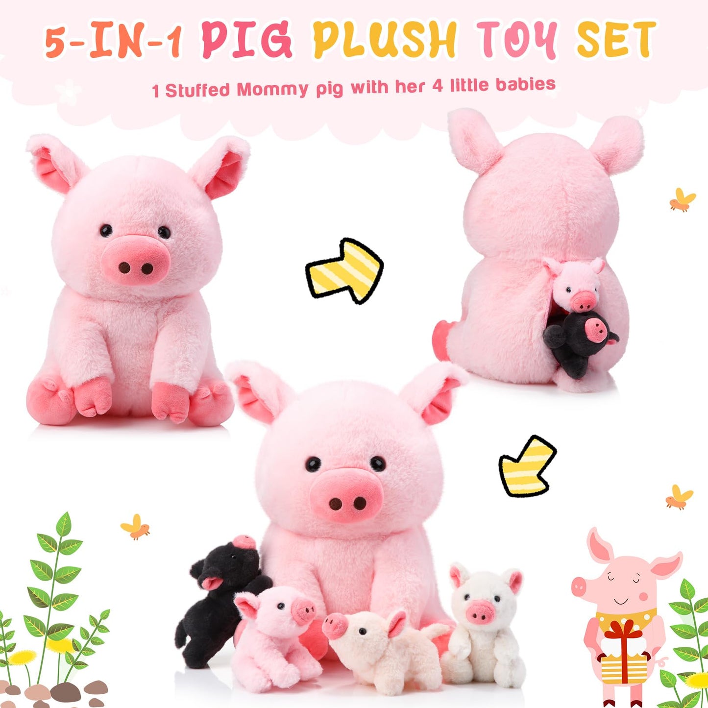 Silipull 5-Piece Pig Plush Set – 12in Mommy Pig with 4 Baby Pigs