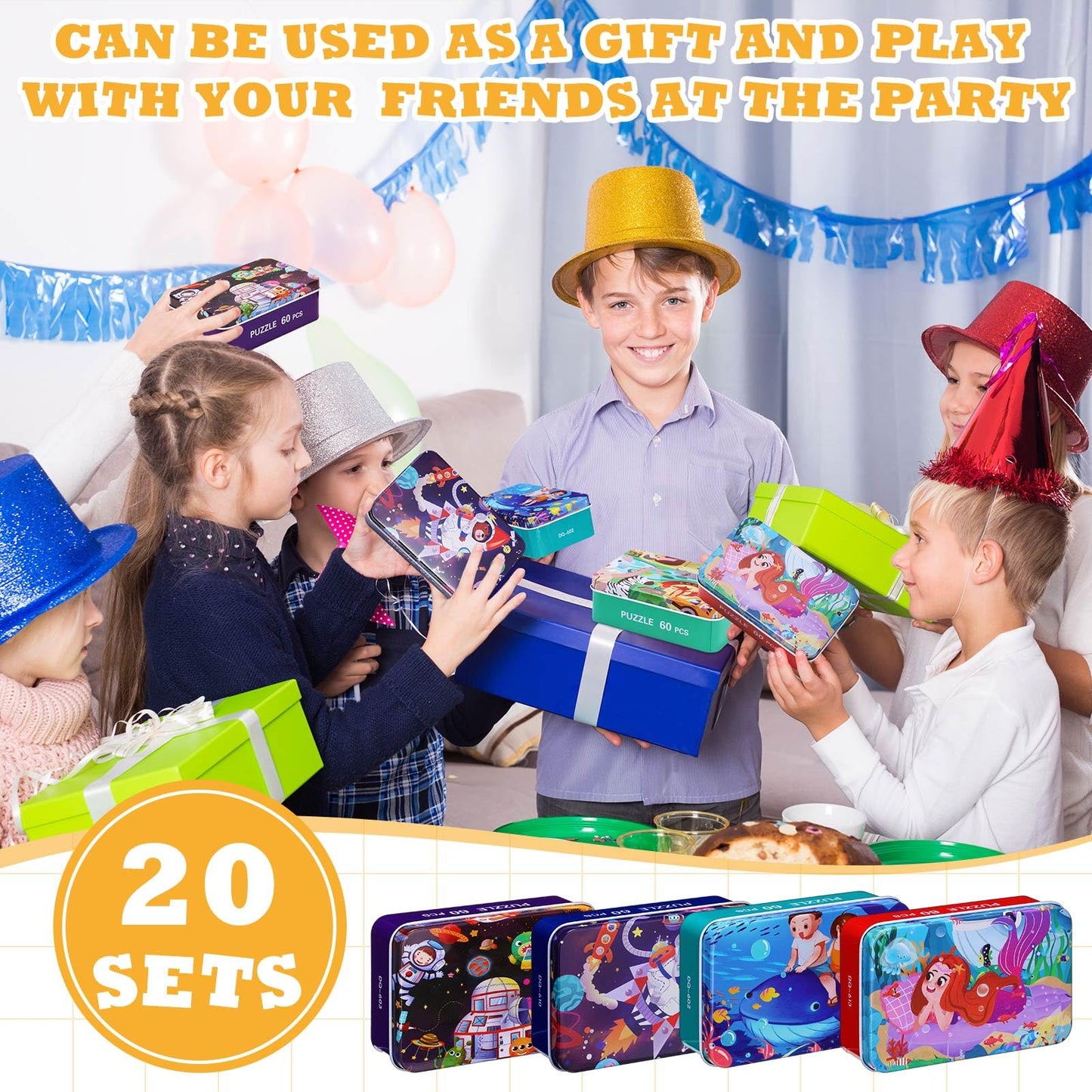 Silipull 20-Box Wooden Jigsaw Puzzles in a Metal Box for Ages 4-8 | Educational Family Puzzles