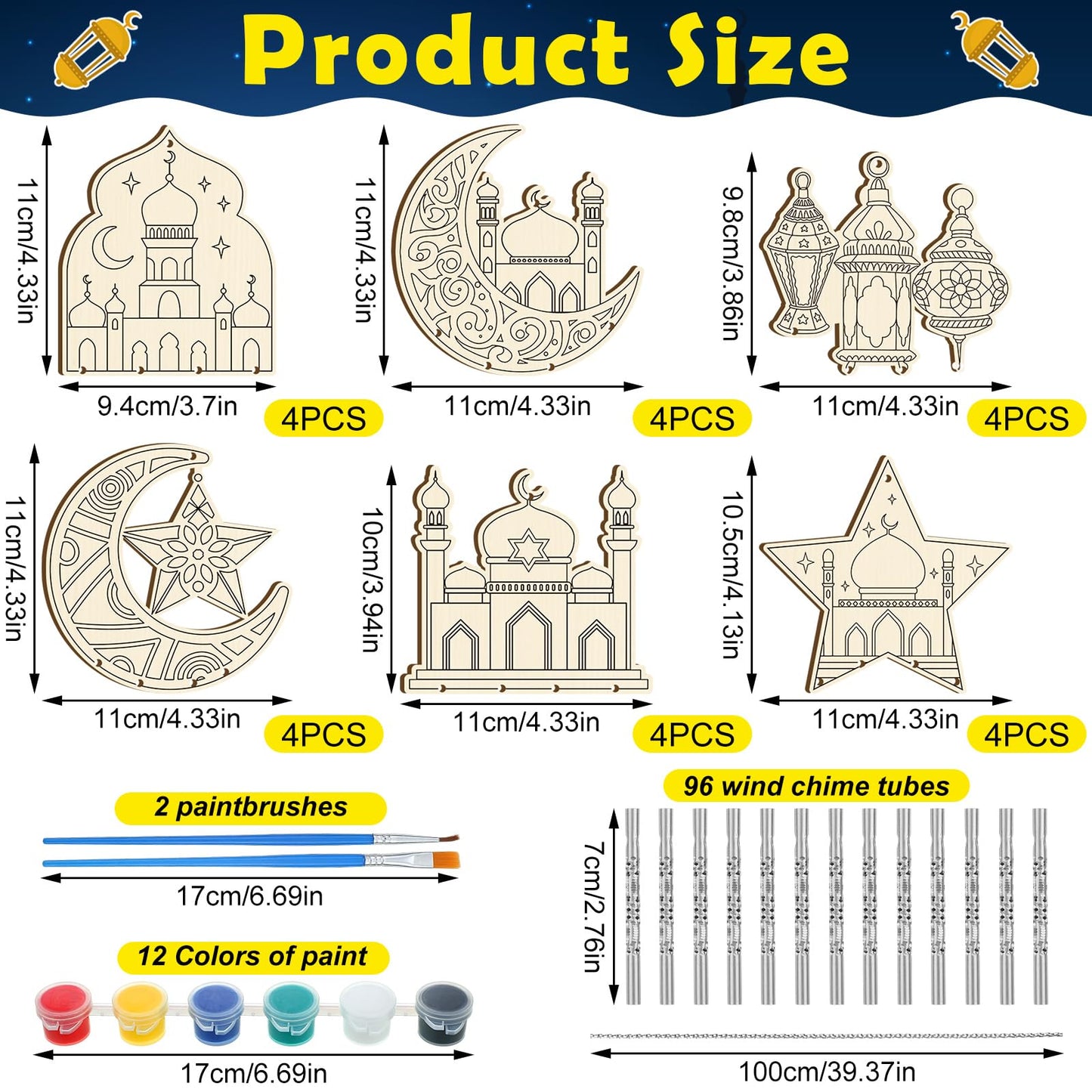 Silipull 24 Sets Ramadan Wind Chimes – DIY Wooden Eid Mubarak Chimes for Home & Classroom