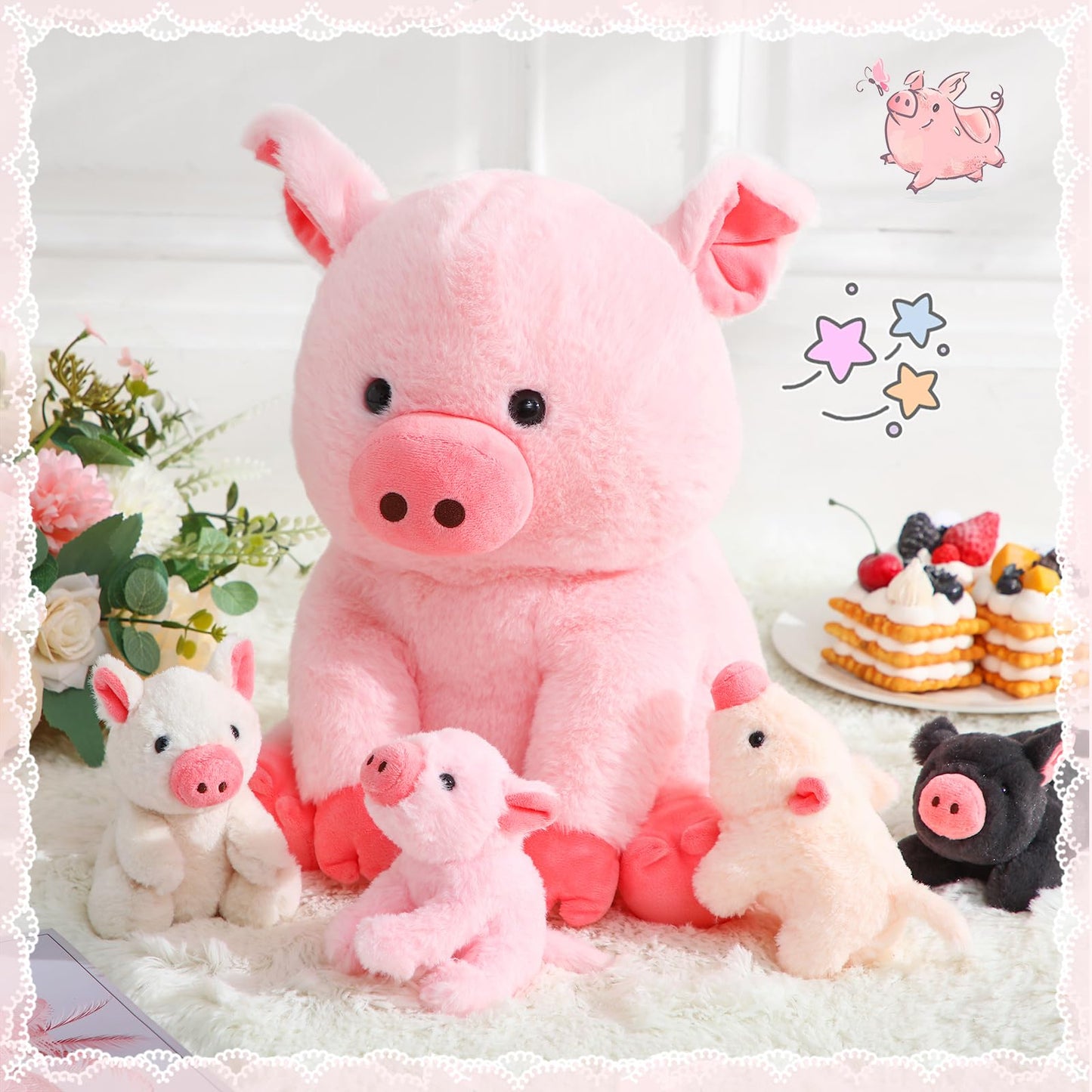 Silipull 5-Piece Pig Plush Set – 12in Mommy Pig with 4 Baby Pigs
