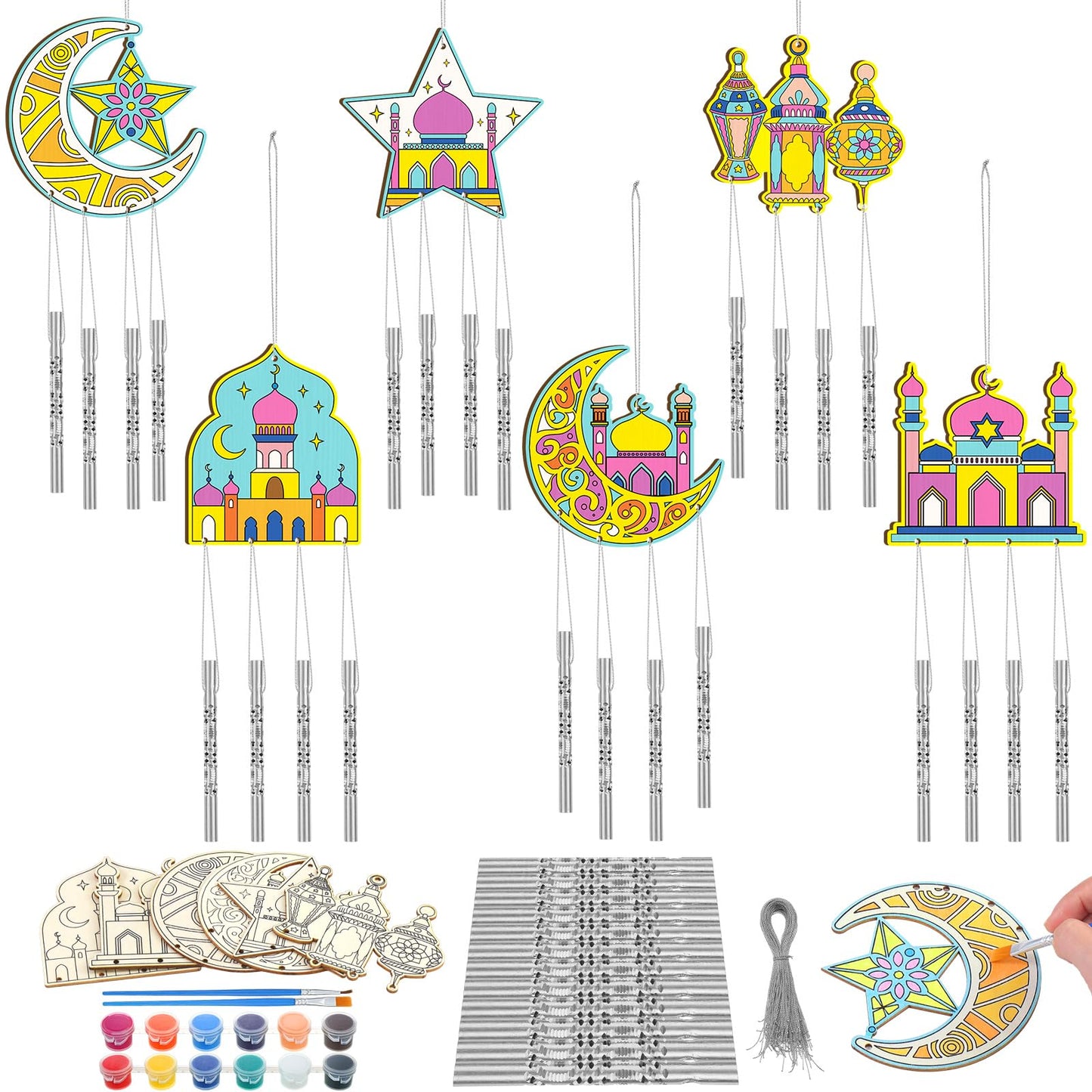 Silipull 24 Sets Ramadan Wind Chimes – DIY Wooden Eid Mubarak Chimes for Home & Classroom