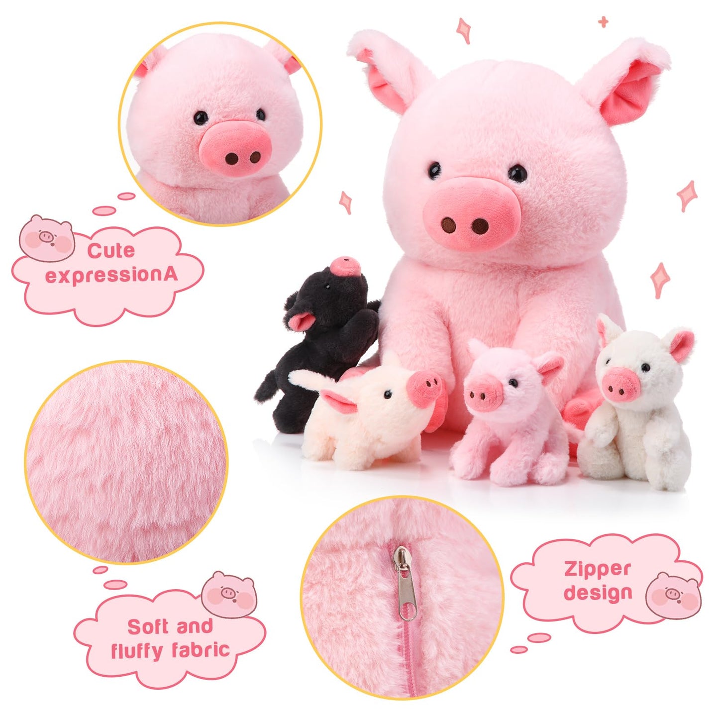 Silipull 5-Piece Pig Plush Set – 12in Mommy Pig with 4 Baby Pigs