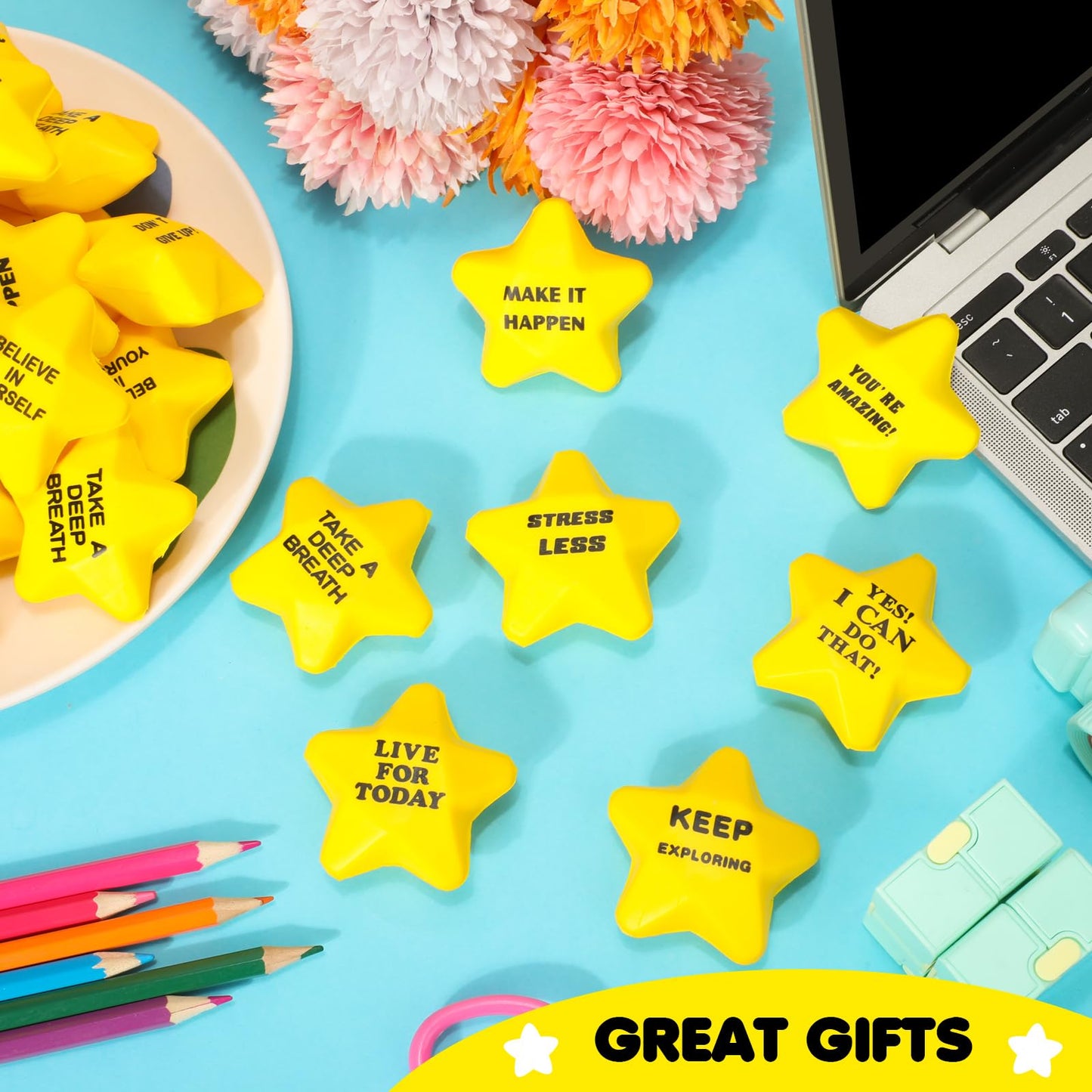 Silipull 100 Pcs Motivational Star Stress Balls – Yellow Bulk Fidget Toys for Adults & Teens