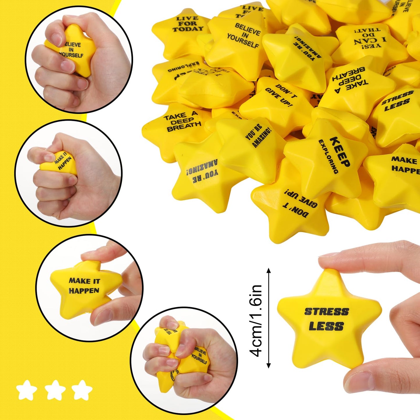 Silipull 100 Pcs Motivational Star Stress Balls – Yellow Bulk Fidget Toys for Adults & Teens