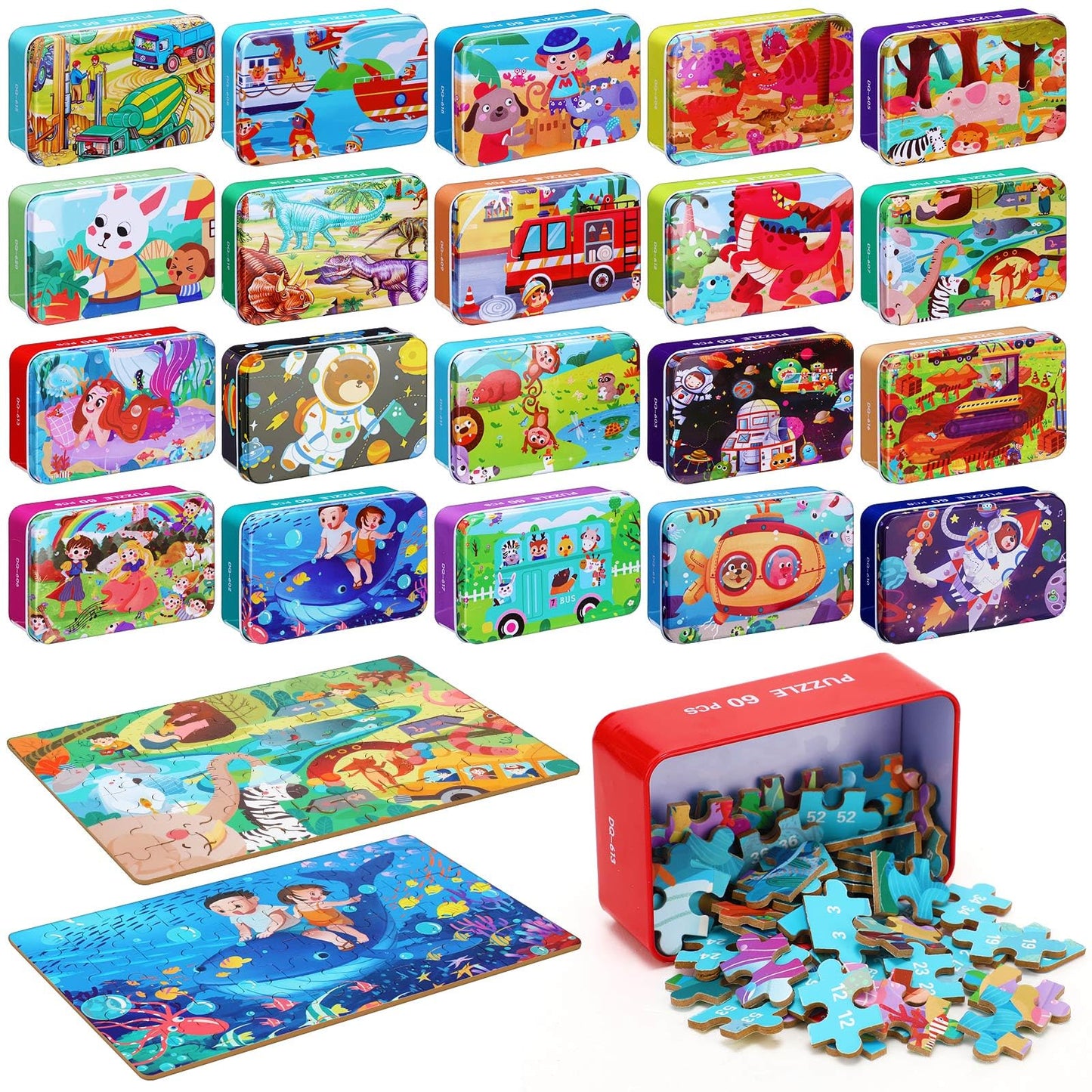 Silipull 20-Box Wooden Jigsaw Puzzles in a Metal Box for Ages 4-8 | Educational Family Puzzles