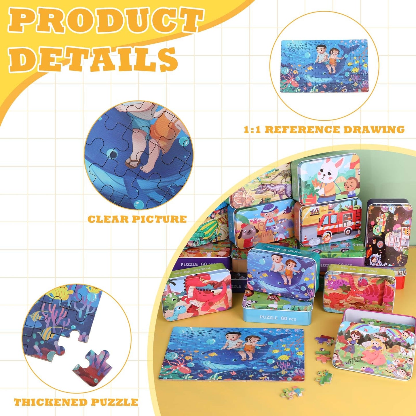 Silipull 20-Box Wooden Jigsaw Puzzles in a Metal Box for Ages 4-8 | Educational Family Puzzles
