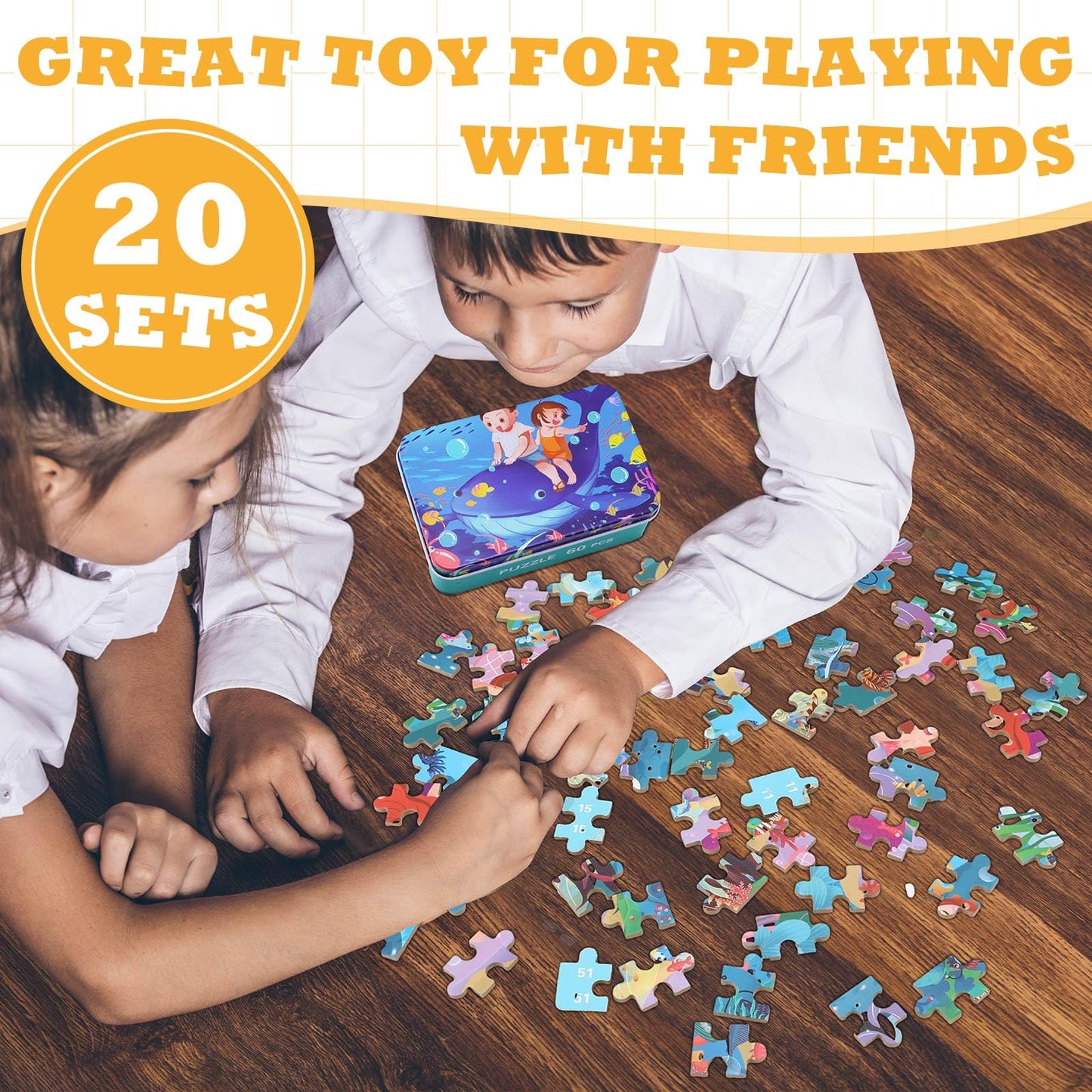 Silipull 20-Box Wooden Jigsaw Puzzles in a Metal Box for Ages 4-8 | Educational Family Puzzles