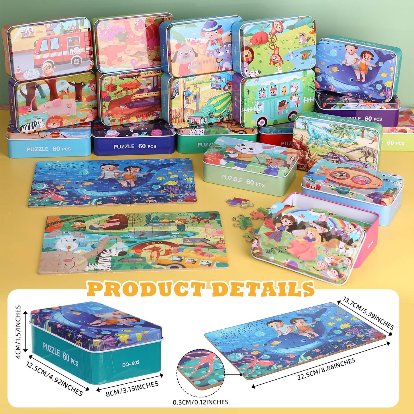 Silipull 20-Box Wooden Jigsaw Puzzles in a Metal Box for Ages 4-8 | Educational Family Puzzles