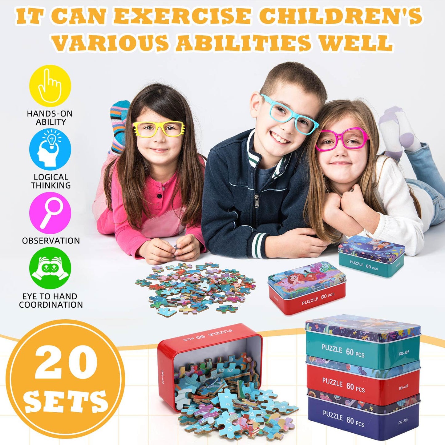 Silipull 20-Box Wooden Jigsaw Puzzles in a Metal Box for Ages 4-8 | Educational Family Puzzles
