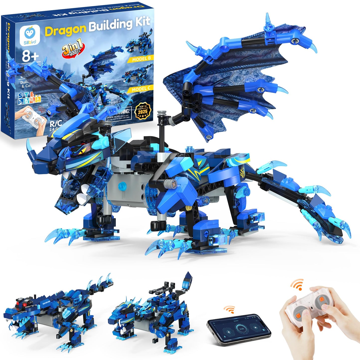 Sillbird Dragon Building Kit – 590-Piece STEM Toy with Remote Control (3-in-1 Models) for Kids 8–12